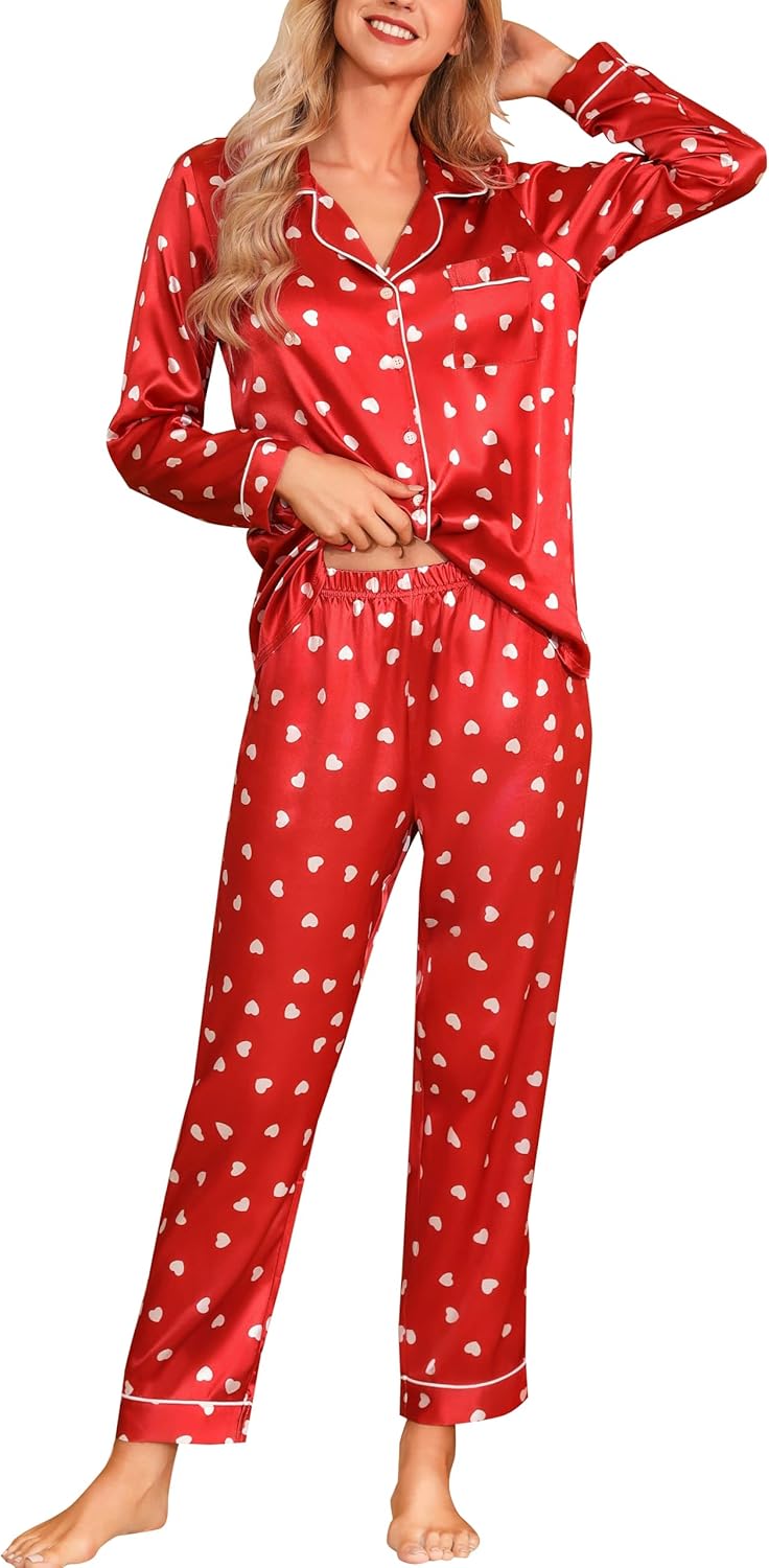 Samring Silk Pajamas for Women Satin Button Down Heart Pjs Set for Honeymoon Long Sleeve Soft Pj Lounge Sets Red Heart L