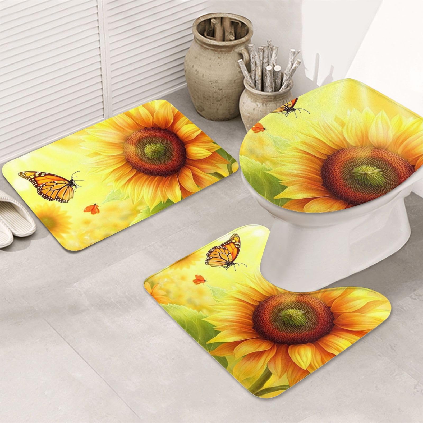 Alfombras de baño de girasoles pack de 3 con alfombrilla de contorno y funda de inodoro lavable