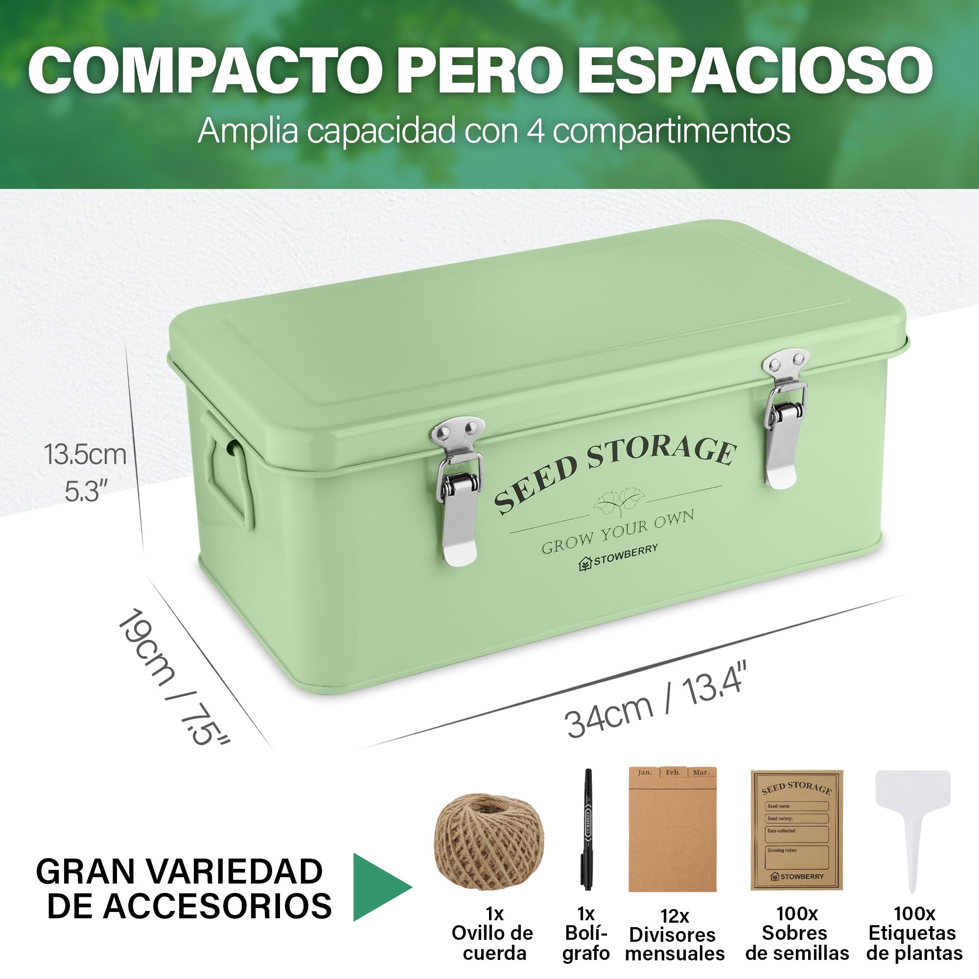 Caja organizadora para almacenar semillas: lata con tapa, asas y 4 compartimentos – Ideal para guardar paquetes de semillas. Regalo de jardinería con más de 200 accesorios.