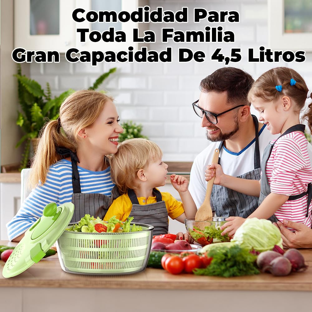 Centrifugadora Lechuga, Gran Capacidad 4,5L Escurridor Verduras, Escurridor Lechuga con Bol y Cesta de Malla, Lava y Seca Rápidamente Verduras y Frutas