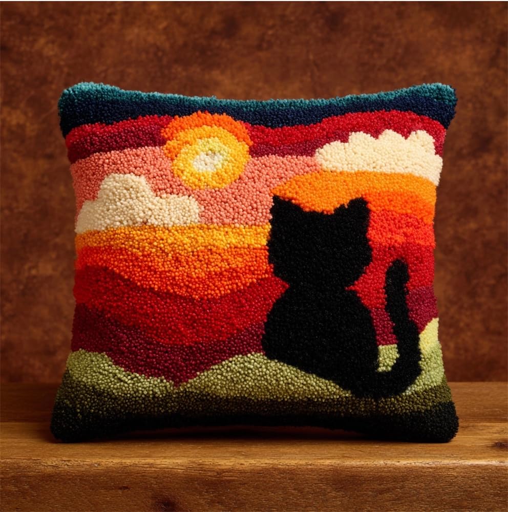 kitphoenix Latch Hook Cushion Kits for Adults 17X17Inch,Sunset Cat Latch Hook Pillow Case Kits Embroidery Kits 43X43Cm, DIY Needlework Pillow Cover Cushion Rug Making Kit, DIY Craft Kit for Women