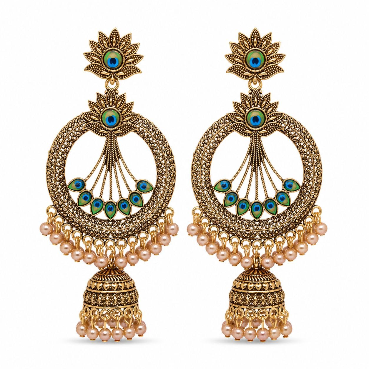Peacock Design Gold Plated Chandbali Jhumka Earrings for Women & Girls | Traditional Ethnic Earrings with Blue Stones & Pearl Drops | Wedding, Party & Festive Jewellery-image-13