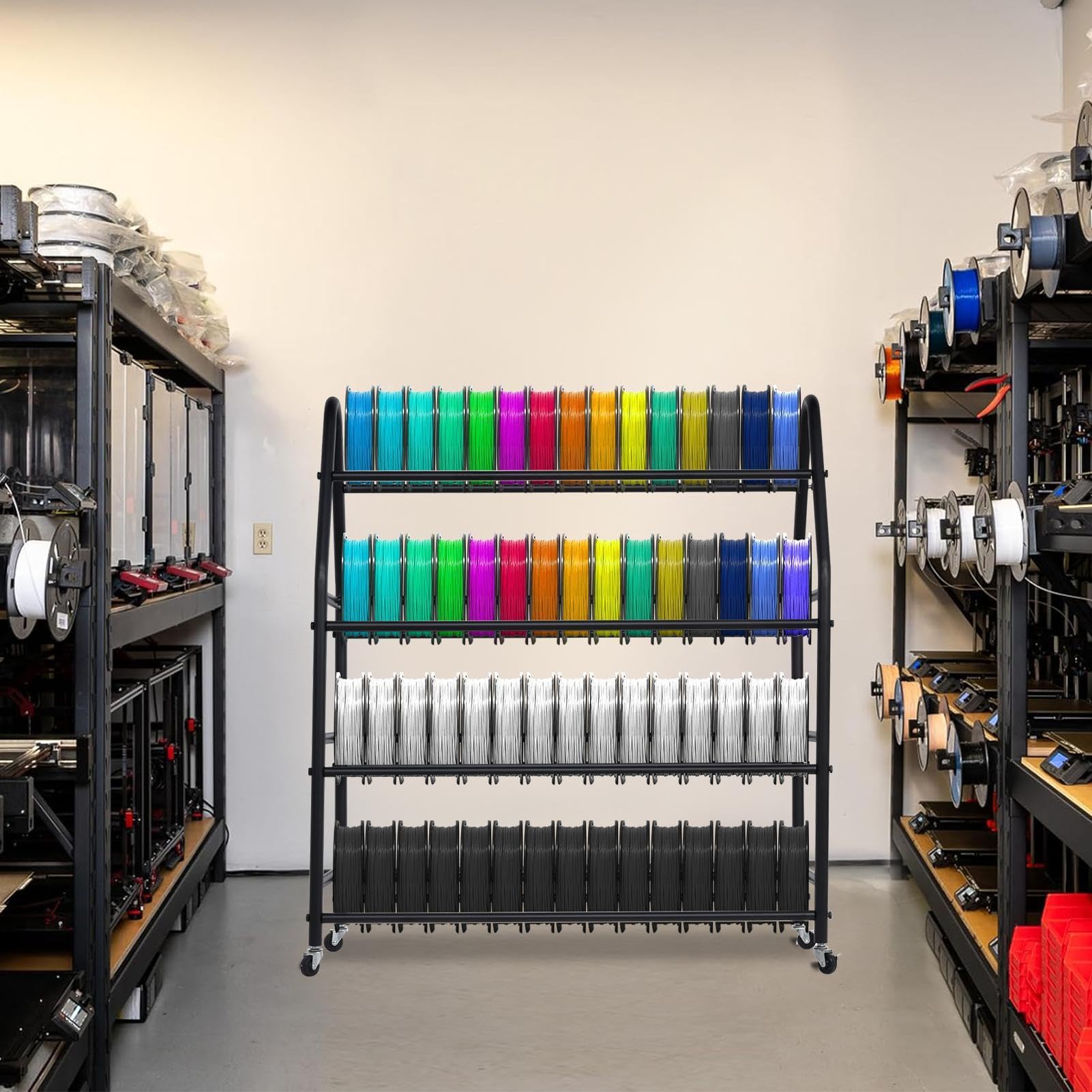 Mensola per filamenti per stampante 3D, grande capacità, in metallo, per fino a 105 bobine | Filamento per stampante 3D in metallo, organizer con ruote per 105 bobine, conservazione per officina e studio di stampa