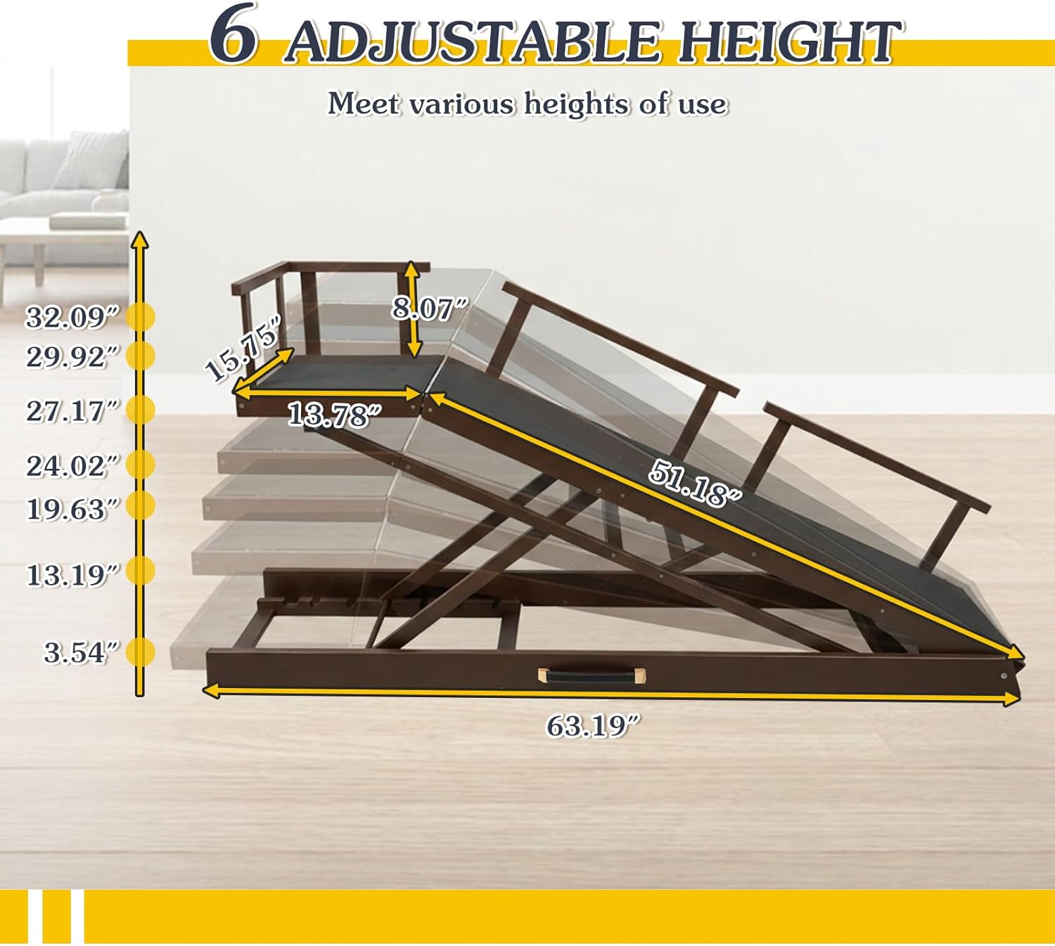 6 Level Height Adjustable Dog Ramp for Bed, Couch 65" Foldable Pet Ramp with Non-Slip Mat，DIY Glow Strips & Rest Platform Heavy Duty Dog Stairs for Large Dogs up to 200Lbs ，Brown