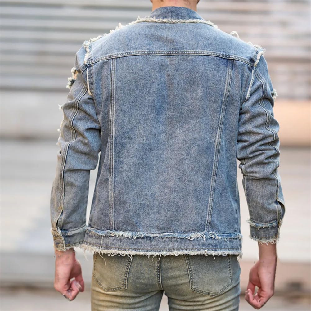 Men Streetwear Solid Ripped Slim Denim Jacket Male Holes Casual Jacket Coat Casual Classic Denim Jacket
