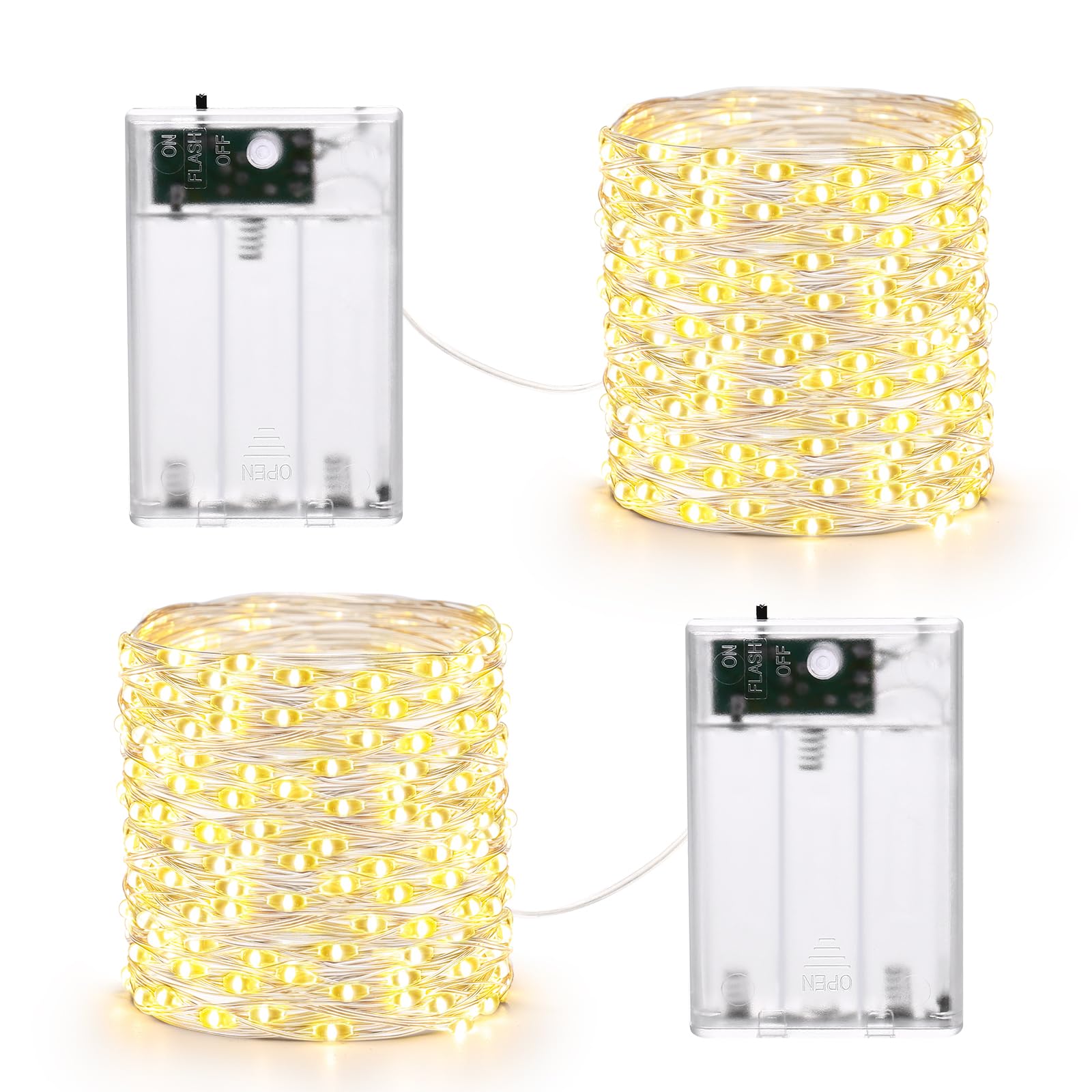 Qedertek 2 Pezzi Luci Led a Batteria 10M 100 LED, Luci Natale Esterno, 2 Modalità, Filo di d'argento, Catena Luminosa Lucine Fata Decorative per Albero di Natale, Porta, Matrimonio, Bar (Bianco Caldo)