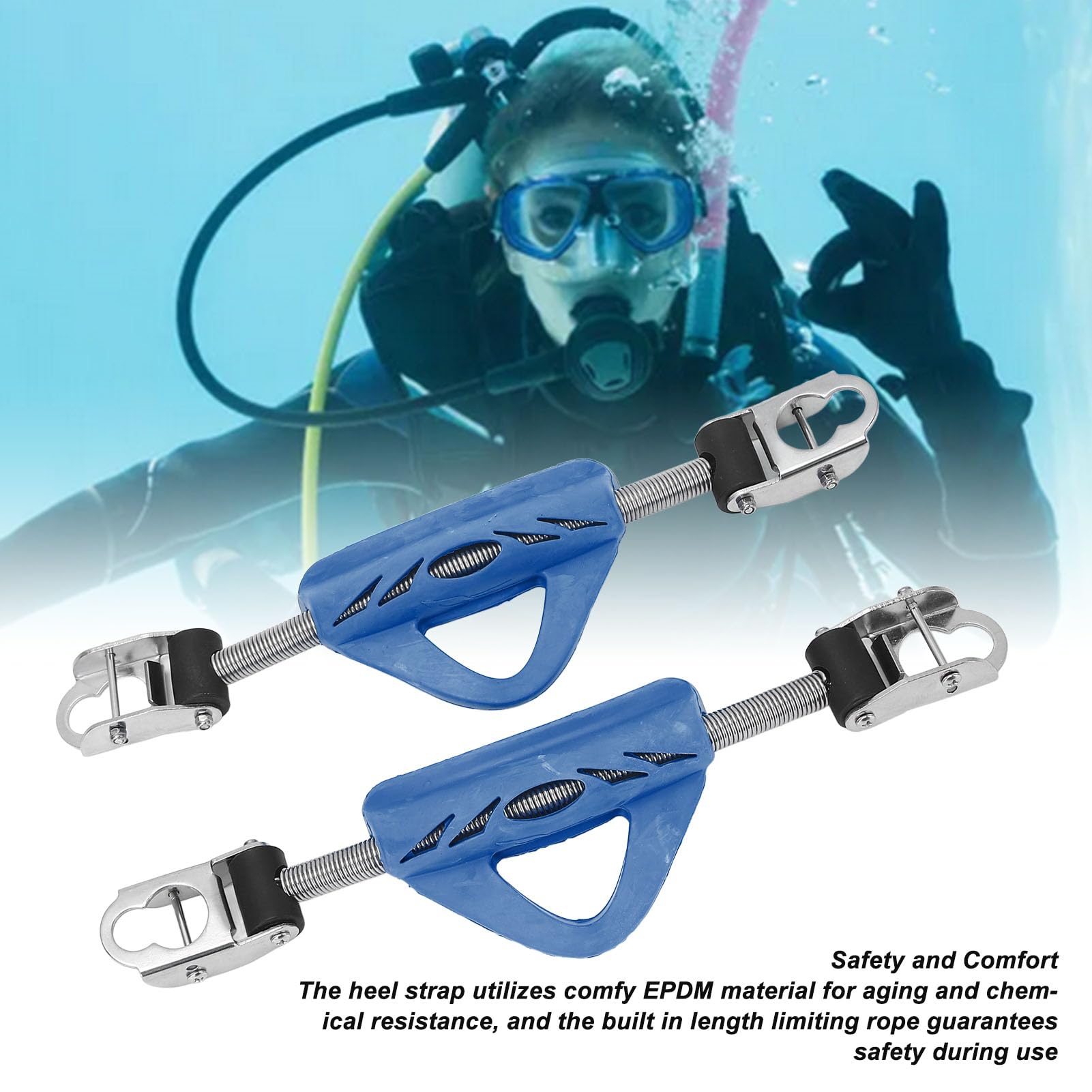 2PCS Adjustable Spring Straps for Open Heel Fins, Jet Fin and , Replacement Heel Straps with Stainless Steel Buckle, Secure Connection, Comfortable Heel Strap, Length Limiting
