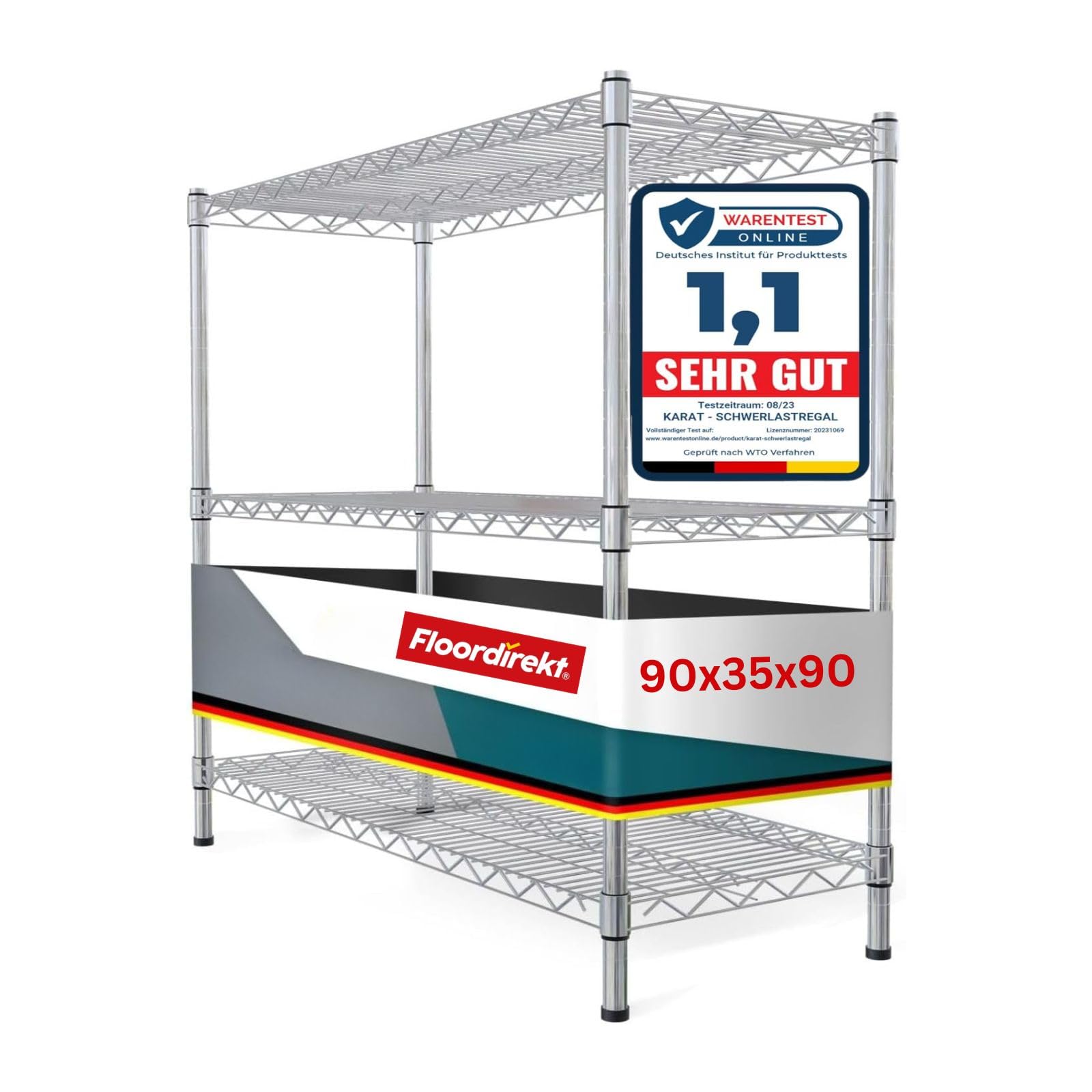 Floordirekt Küchenregal, Gitterregal, Metallregal | Tragkraft ca. 70kg je Boden Multifunktionales Aufbewahrungsregal, Badezimmerregal, Lagerregal, Kellerregal | Chrom (90x35x90cm | 3 Böden) Everest