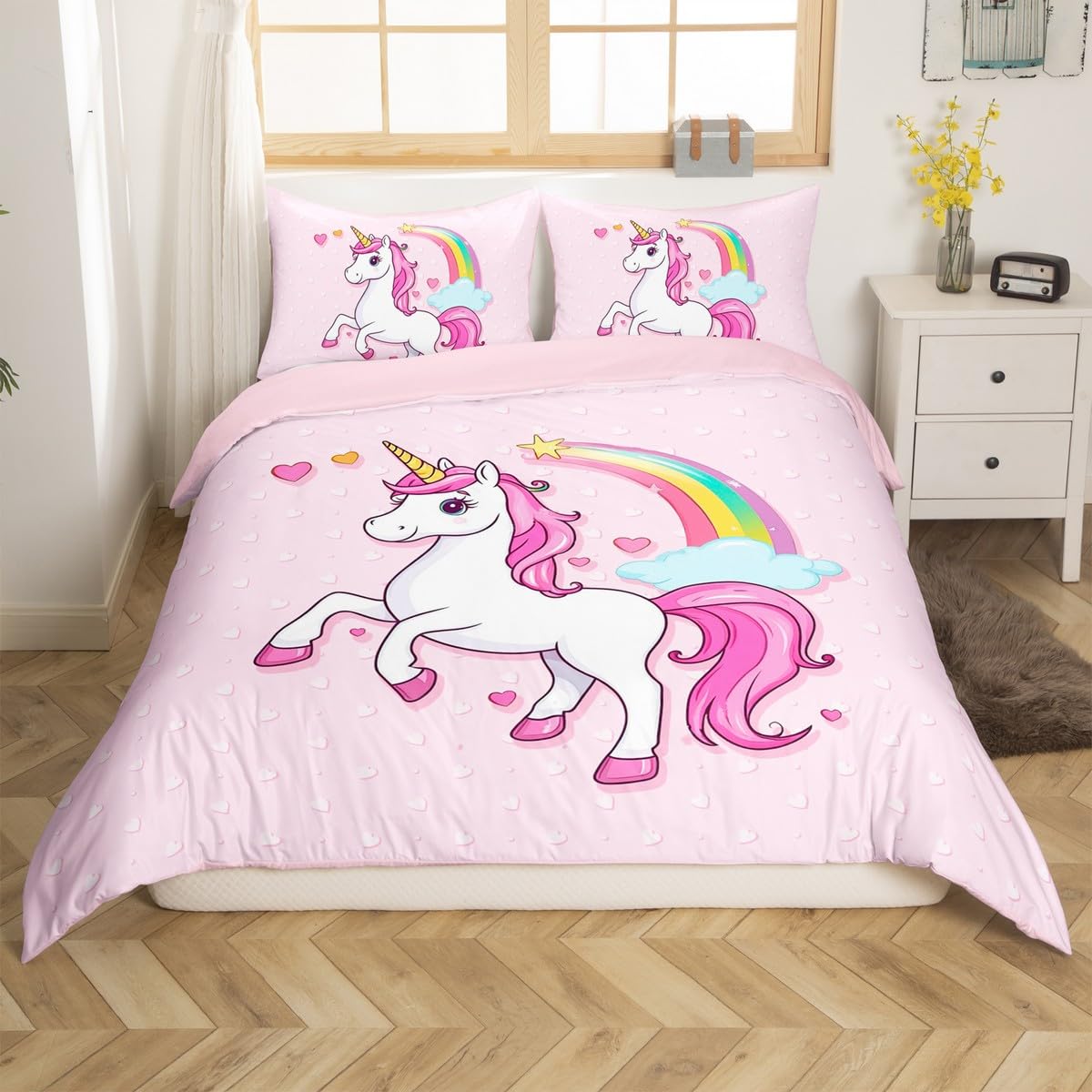 Homemissing Cute Unicorn Duvet Cover Set Cot Size For Kids Girls Teens Rainbow Bedding Set Love Heart Bedding Comforter Cover Set Princess Style Animal Quilt Cover with 1 Pillowcase โ image 1