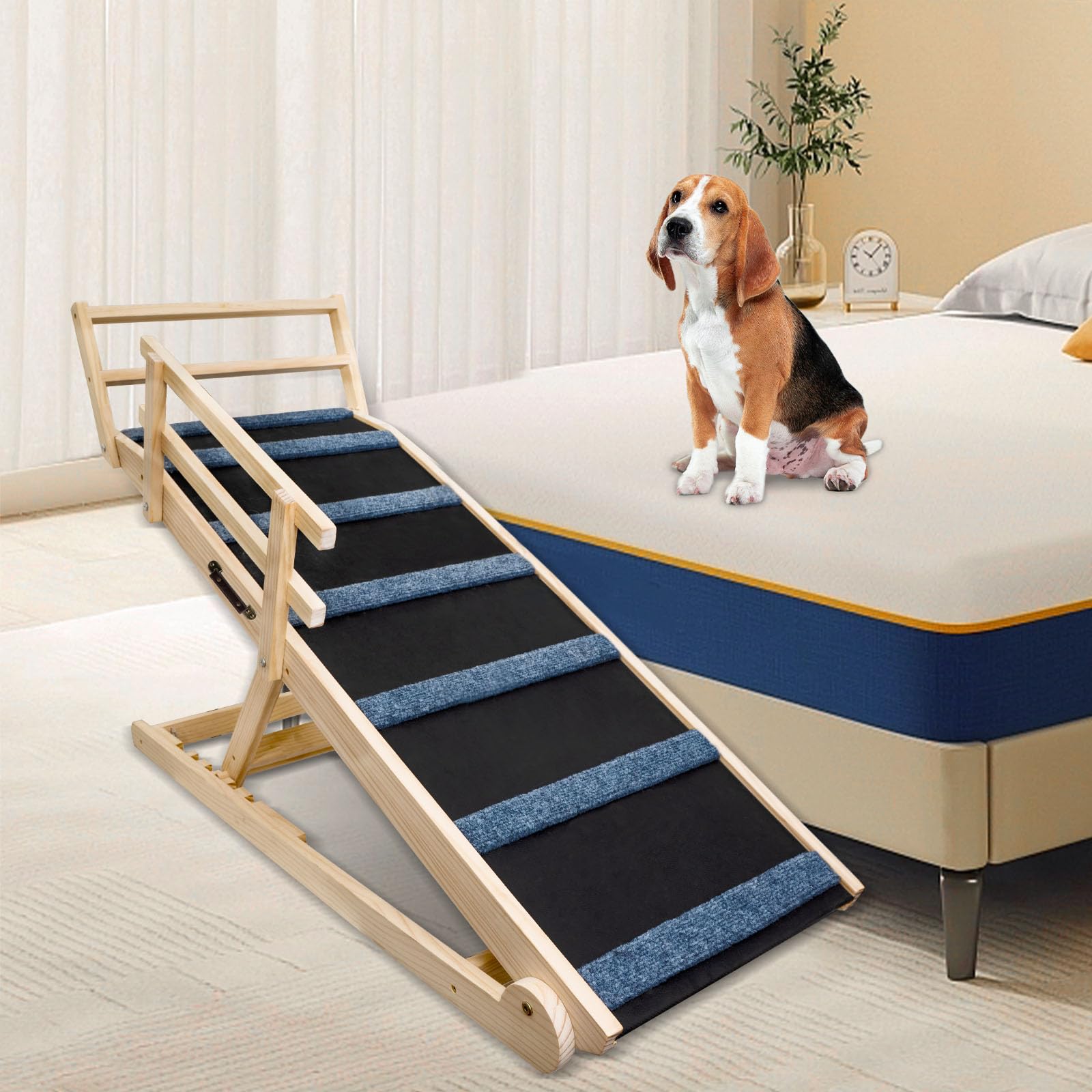 Rampa para perros para cama – Rampa plegable de madera para mascotas de 5 niveles de altura ajustable, rampa antideslizante para perros, para sofá, coche, 17.7 pulgadas de ancho
