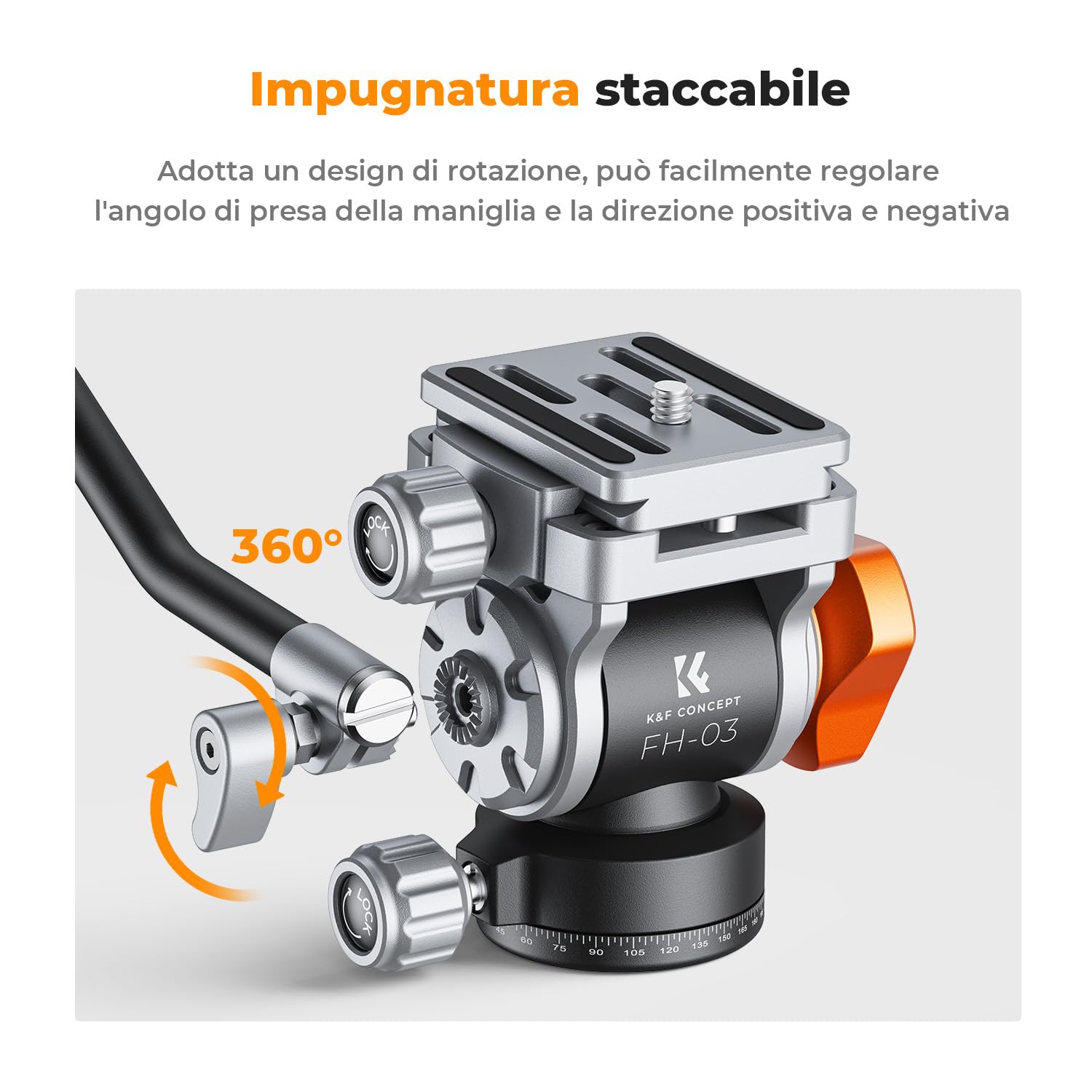 K&F CONCEPT Testa per Treppiede, FH-03 Testa Fluida con Piastra Arca-Swiss, Regolabile a 360° e Inclinazione ±90°, Testa Ammortizzata, Compatibile con Fotocamera DSLR, Videocamera, Carico Max 5kg