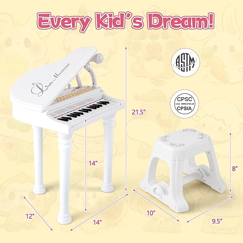 Miniatura 3 de HONEY JOY Piano clásico para niños, mini piano de cola de juguete de 31 teclas con soporte de música y taburete, juguete electrónico portátil de