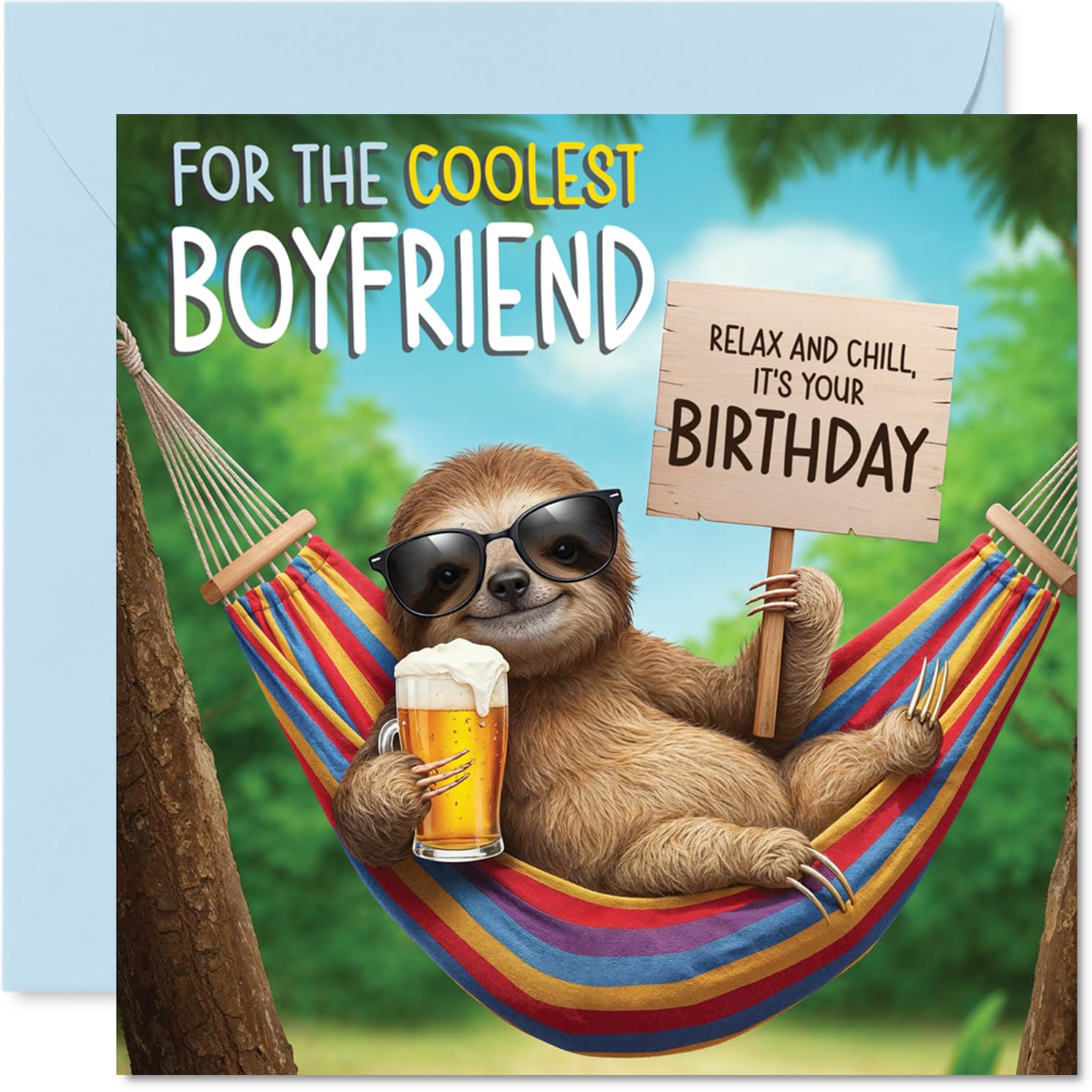 Boyfriend Birthday Card - Chilled Out Sloth - Happy Birthday Card for Boyfriend from Girlfriend Partner, 145mm Bright and Colourful Bday Greeting Cards