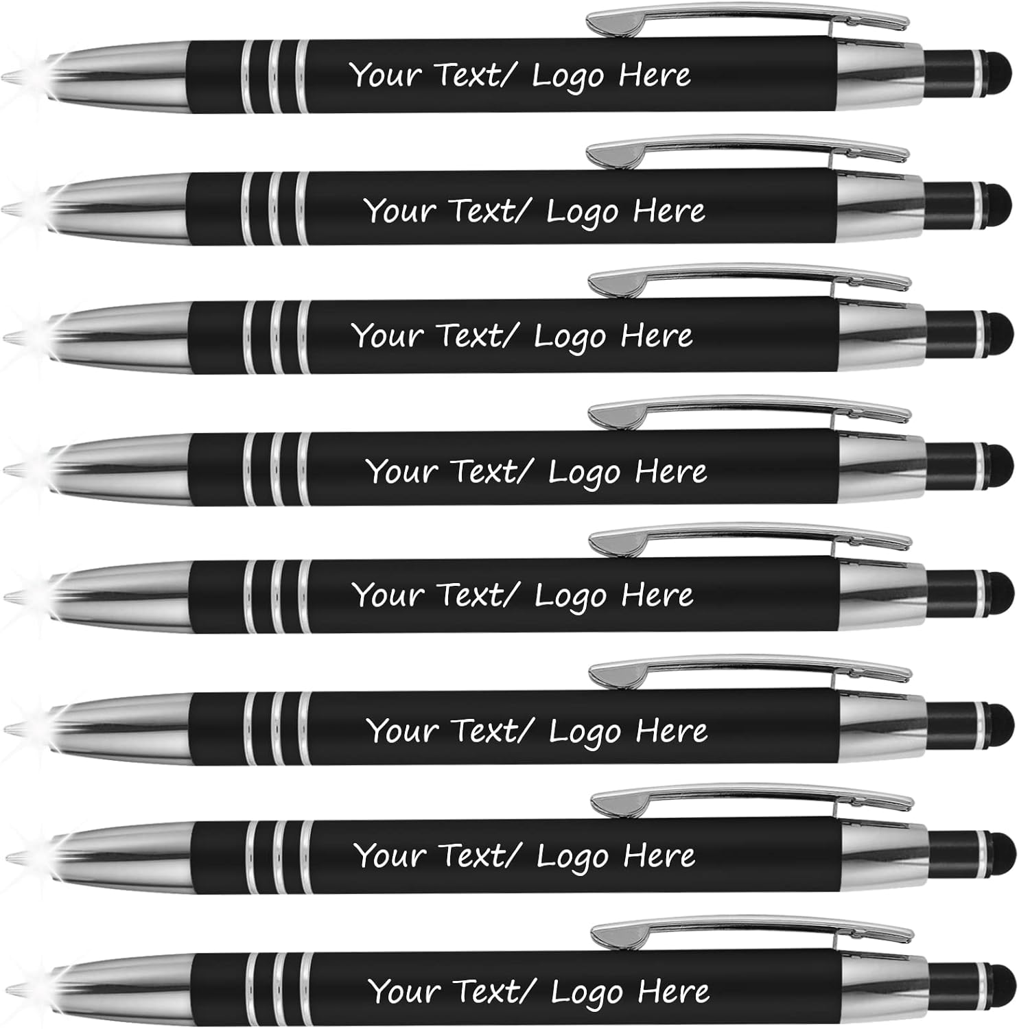 Promotional Pens with your Personalized Text or Custom Business Logo- Bulk 100 Pack- 3 in 1 Rubberized Metal Luxury Ballpoint Pens + LED Night Writer Flashlight + Stylus for Touchscreens, Black