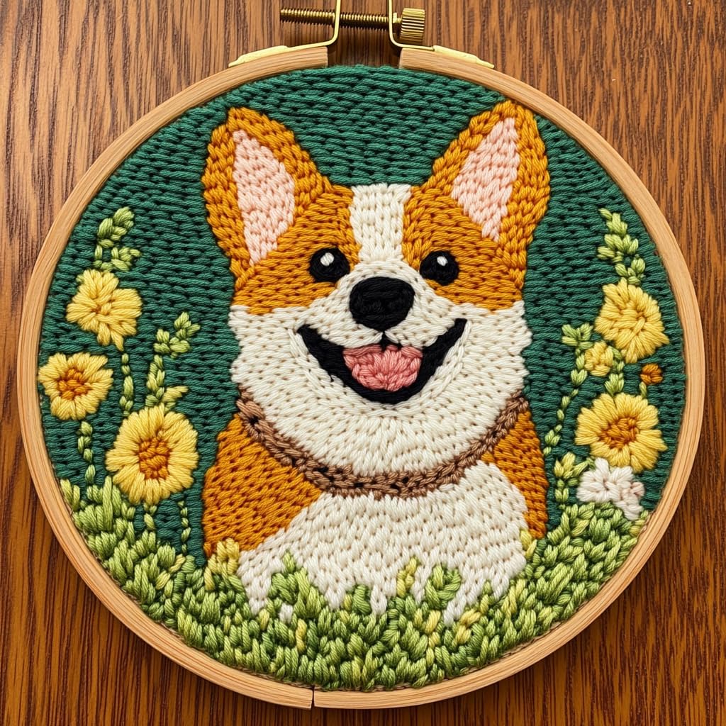 DIY Punch Needle Kits Cute Cartoon Corgi Dog with Hoop 20x20cm-3