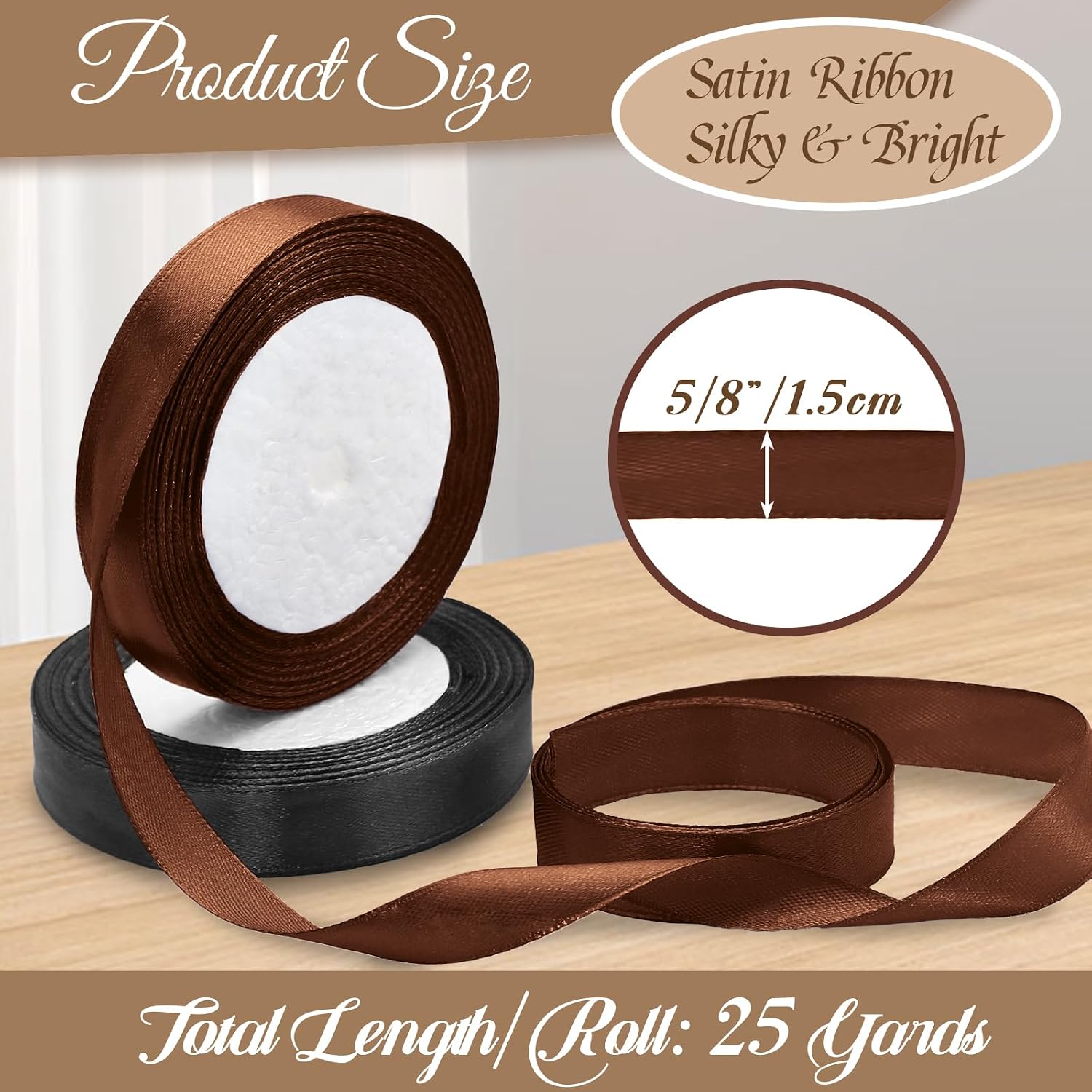 Luomorgo 5/8 Inch Satin Ribbon, 25 Yards Brown Satin Ribbon, Fabric Ribbon for Gift Wrapping, Flower Bouquet, DIY Craft, Sewing, Wedding, Birthday Party Decorations