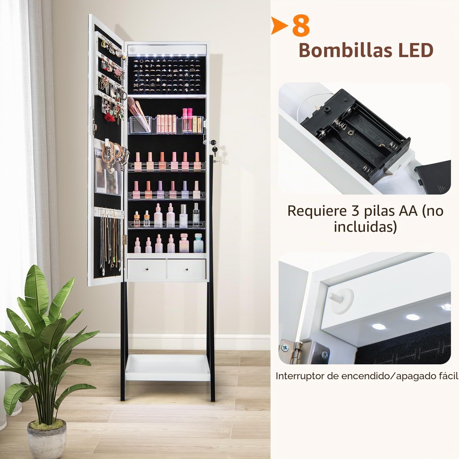 GOPLUS Espejo Joyero con Cerradura y Luz LED de 3 Colores
