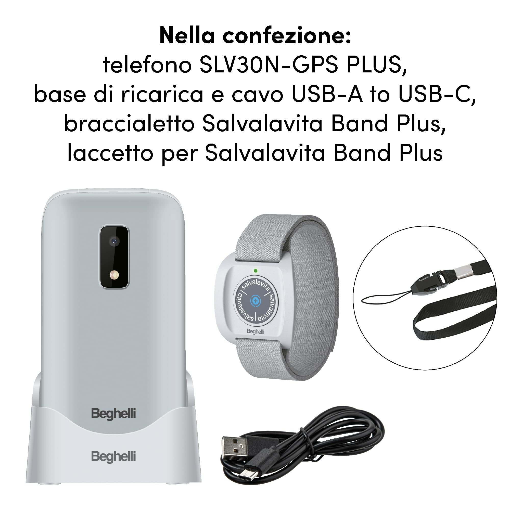 Beghelli - Telefono Salvavita e Braccialetto, Salvalavita Phone SLV30N GPS Plus + Salvalavita Braccialetto SLV Band Plus, SOS con GPS, Tasto Emergenza, Chiamata Rapida, Display 2.8” (Colore Grigio)