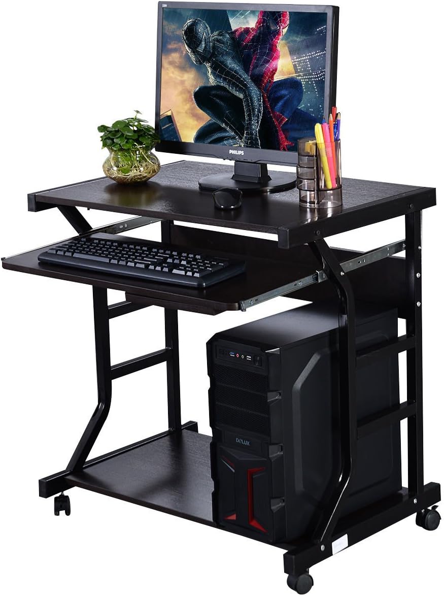 Officelax Computer Desk Cart Home Office Desk, Mobile Laptop Table Workstation Writing Desk Study Desk with Keyboard Tray, Printer Shelf on Wheels