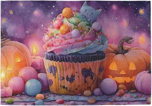Cake Halloween Burlap Placemats 6-Pack Non-Slip