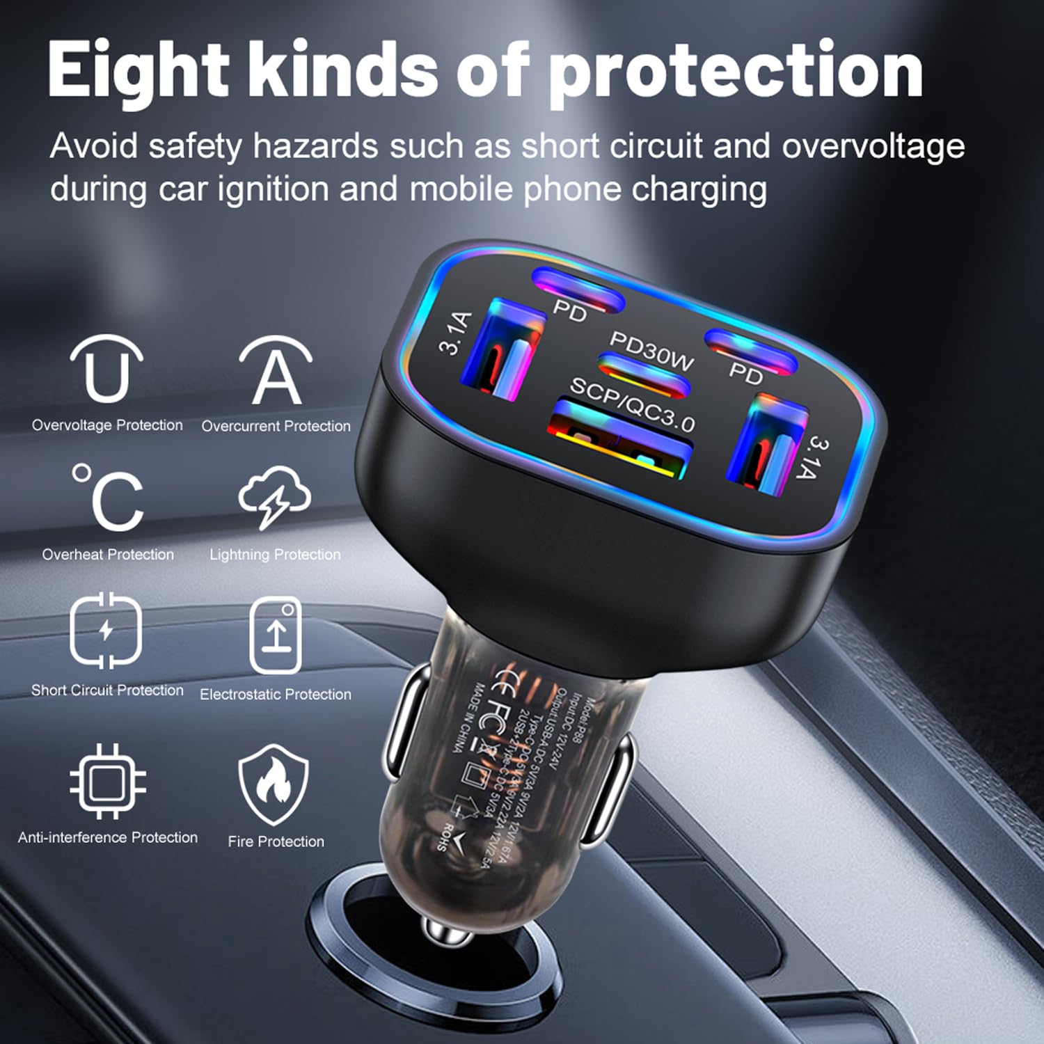 Multi port 6 Ports USB C Car Charger 12v 24v Cigarette Lighter Charger Adapter With PD30W Fast Charge Compatible with Iphone 16 15 14 13 12 11 Pro max Plus Samsung Huawei Xiaomi and more Android phone