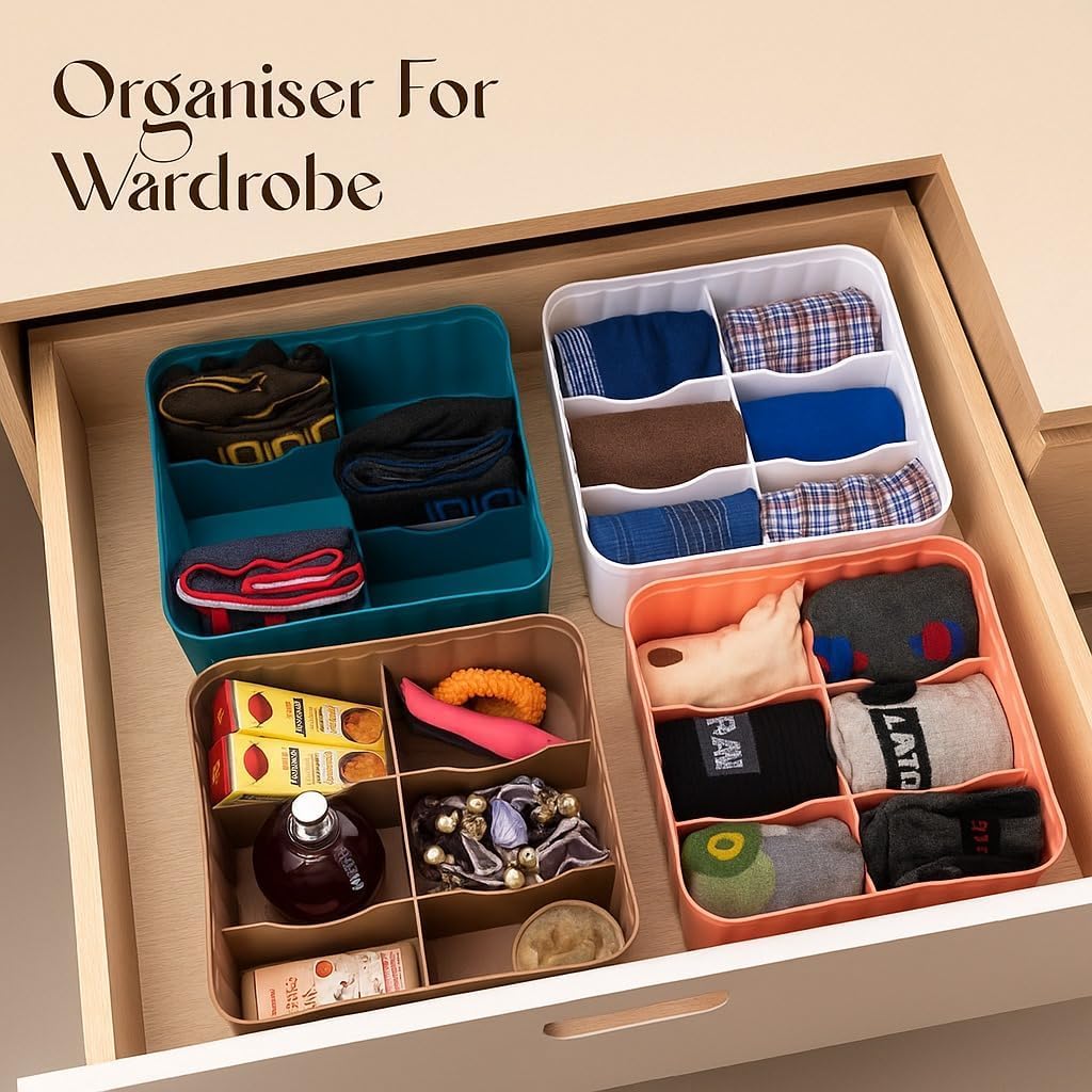 Drawer Organizer 4 Pack 6 Compartments for Socks Underwear Bras Ties Scarves - Foldable Wardrobe Divider Storage Box for Dresser Closet Cabinet Bedroom - Multicolor Set