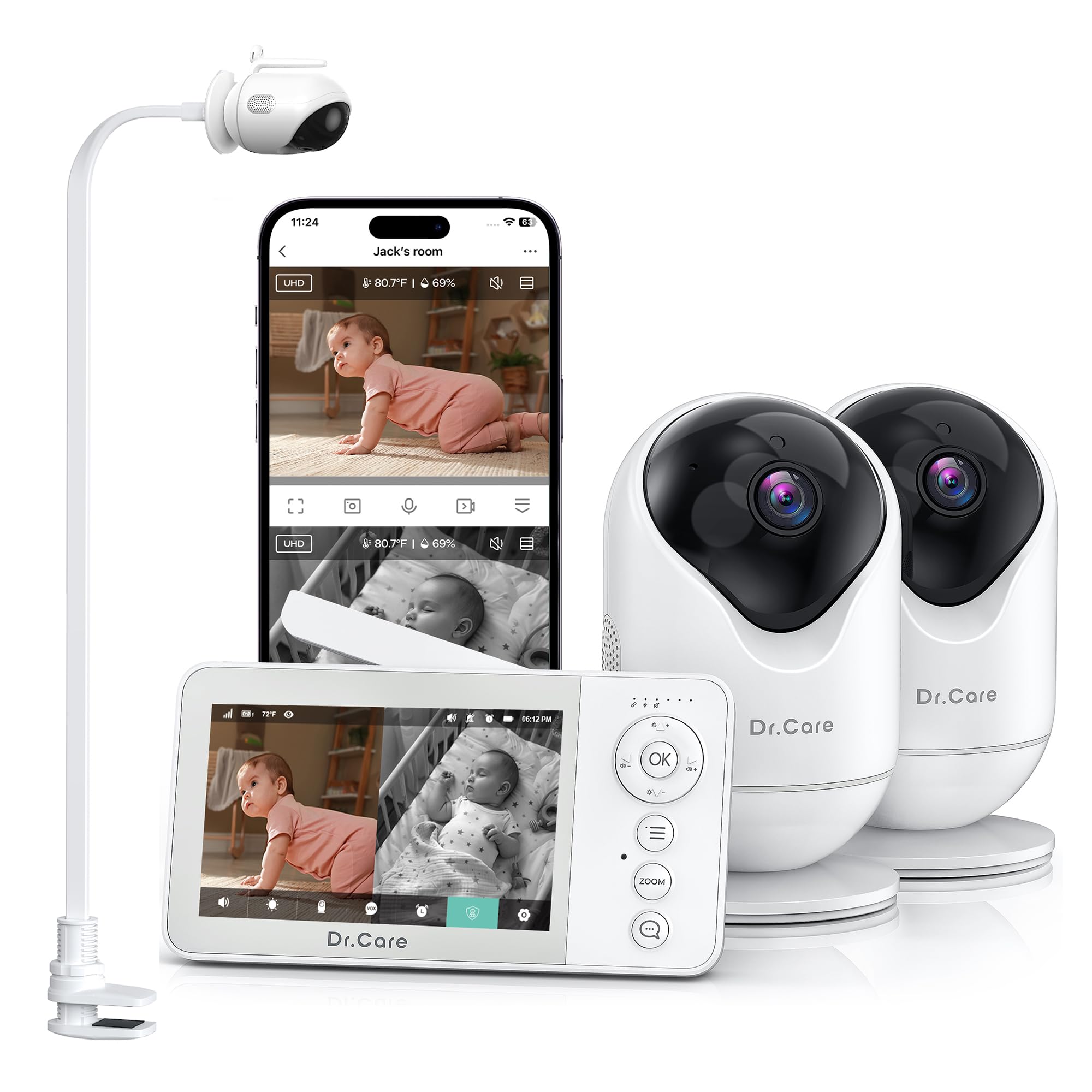 Dr.Care VistaView Lite RB Smart WiFi Baby Surveillance Camera with App 1080P, 4" 720P Split Screen, HD Night Vision, Two-Way Audio (2 Cameras + 1 Monitor + 1 Clip Holder)
