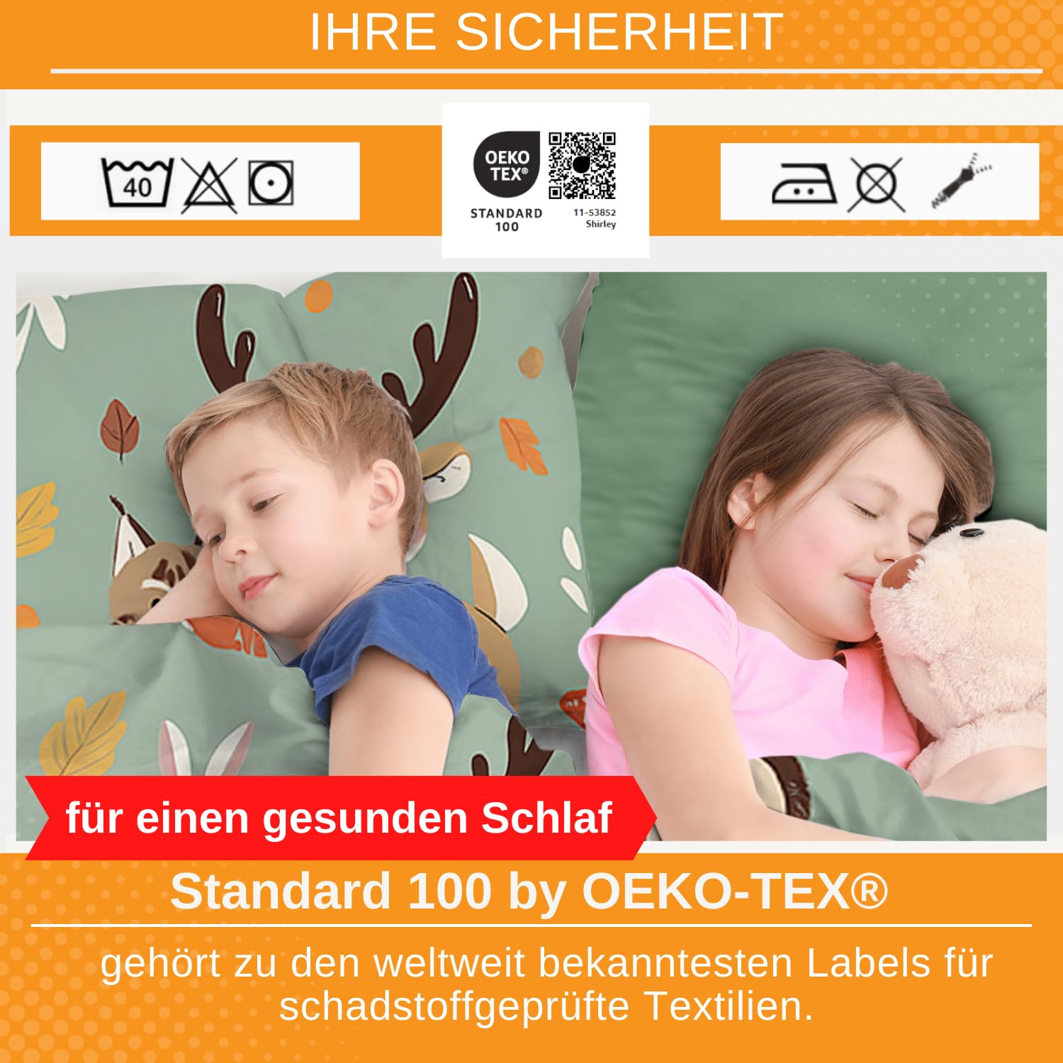Aminata kids Bettwäsche 135x200 cm Waldtiere für Kinder 100% Baumwolle Hirsch Fuchs Eule Hase für Jungen & Mädchen mit Reißverschluss