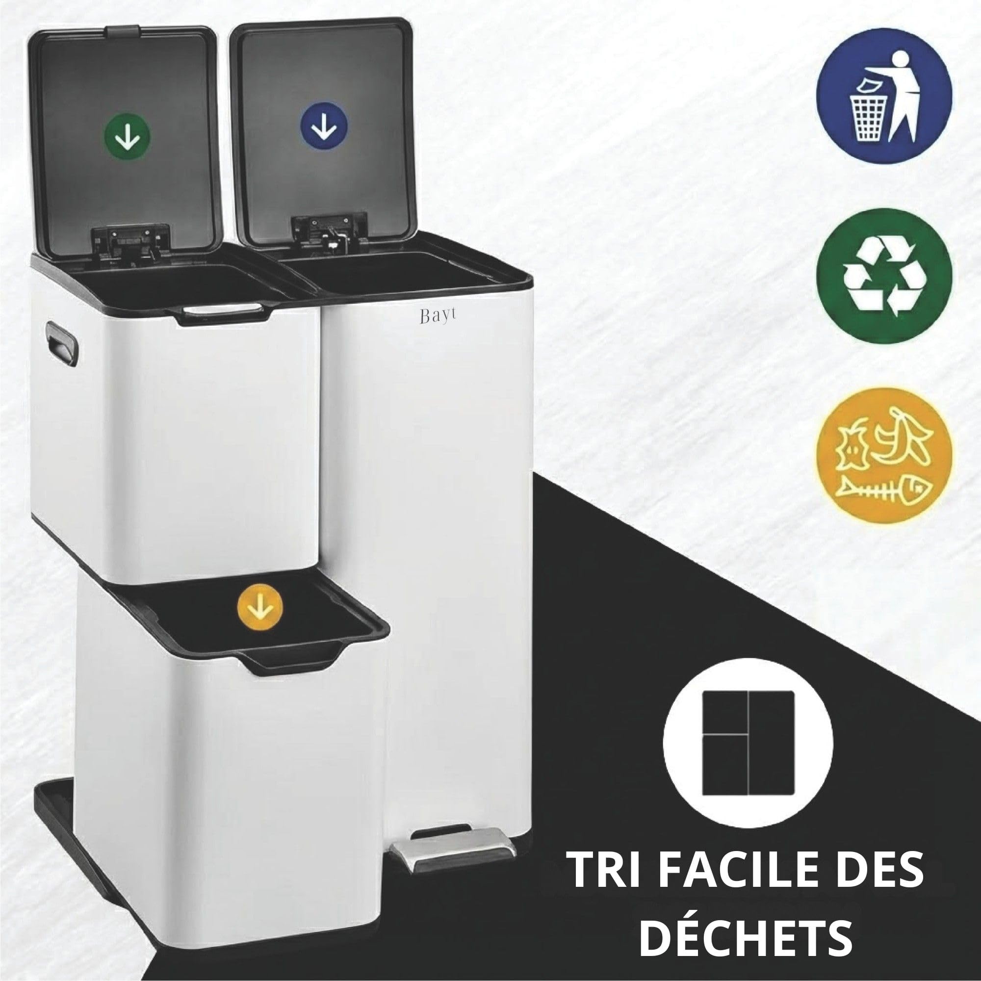 Bayt Poubelle Cuisine 60 Litres - Poubelle Tri Selectif Cuisine Pédale 60L | De Tri Déchets et Recyclage 3 Compartiments | Bac De Tri Inox Anti Odeur | Poubelles a Pedale 3 Bac Chambre - Blanc