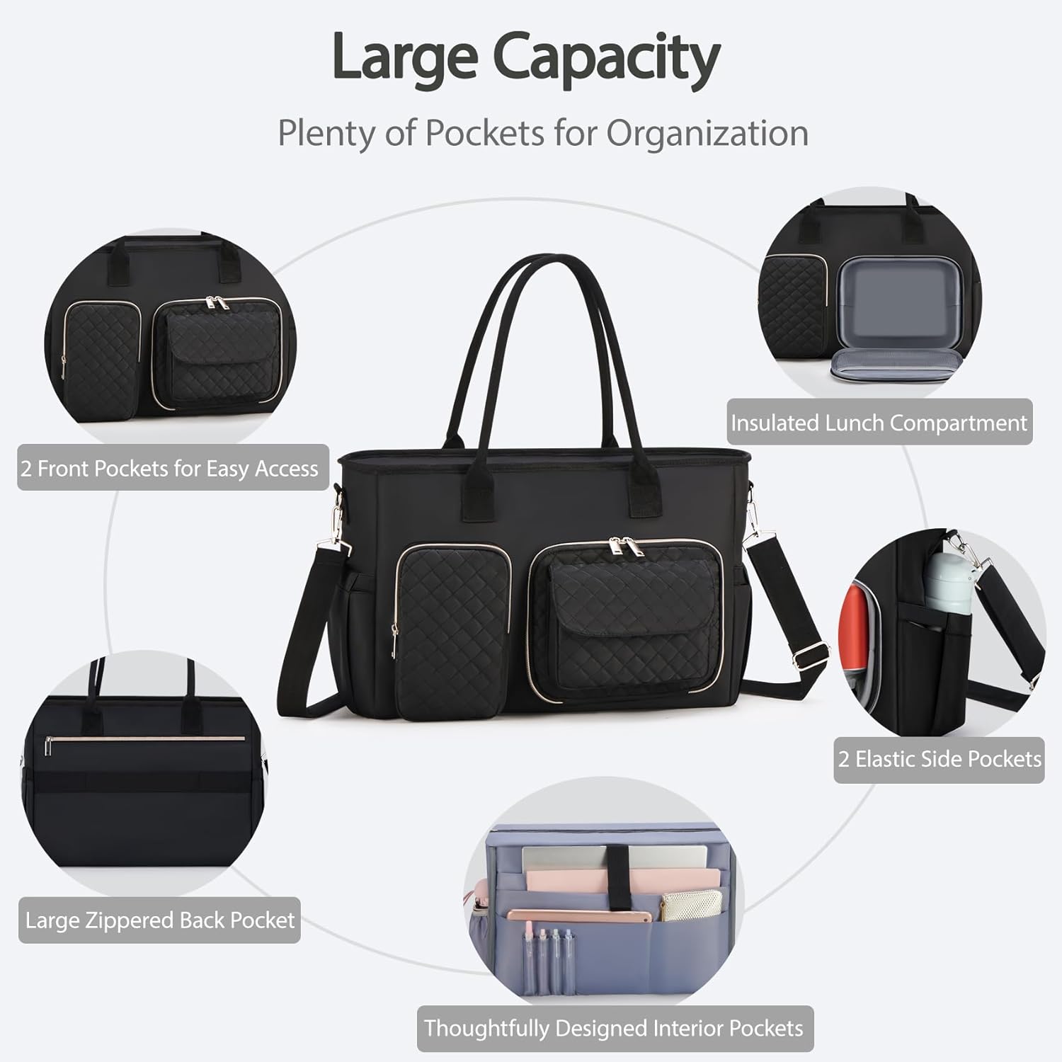 Women Laptop Tote Bag with Insulated Lunch Compartment,15.6'' Teacher Work Computer Bag,Large Water-Resistant Messenger Shoulder Bag with Multi Pockets for Office/College/Travel-Black - Image 3