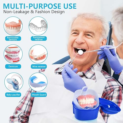 Miniatura 63 de Paquete de 2 cajas de baño para dentaduras postizas, contenedor de almacenamiento con cesta coladora para limpieza de viajes (azul claro y azul)