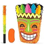WERNNSAI Tiki Piata -Tropical Hawaii Piata with Blindfold and Bat for Girls Boys Kids Piata Hawaiian Luau Themed Party Decorations for Summer Birthday Party Supplies Carnivals Festivals Celebration