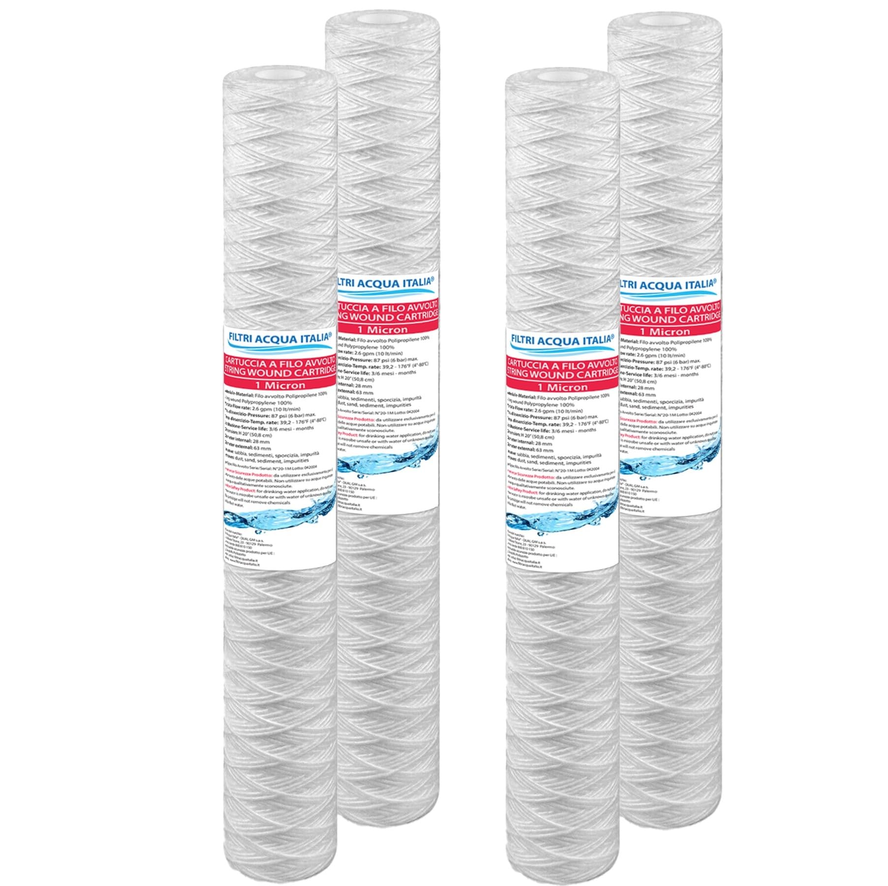 Cartuccia Filtro Filo Avvolto 20 Pollici Micron 1 Filtri Acqua Italia Set 4 Pezzi