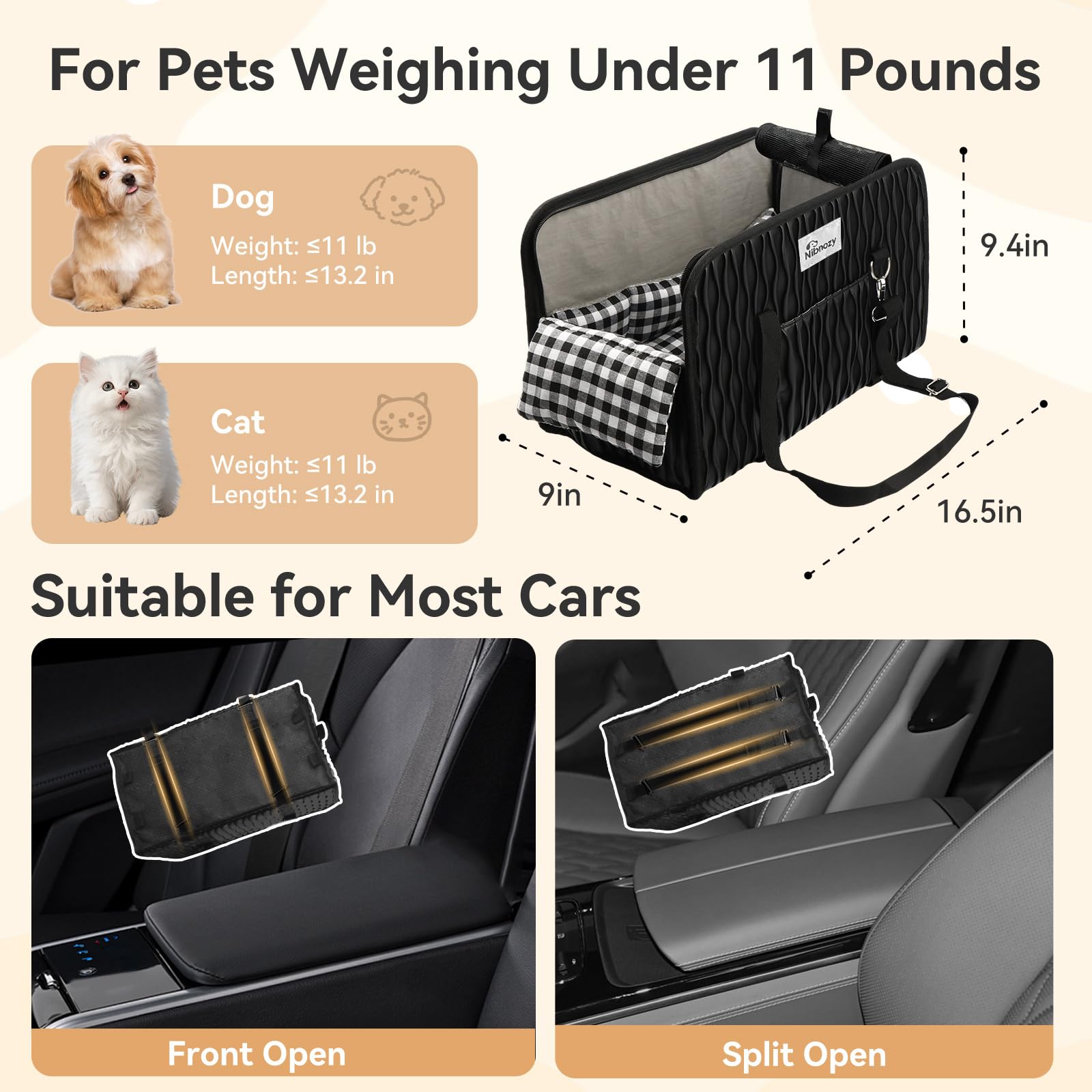 Nibnozy Center Console Dog Car Seat - Portable Armrest Booster Car Seats for Small Dogs, Detachable Washable Pet Carriers Puppy Essentials- Support Pet Up to 11lbs - image 3