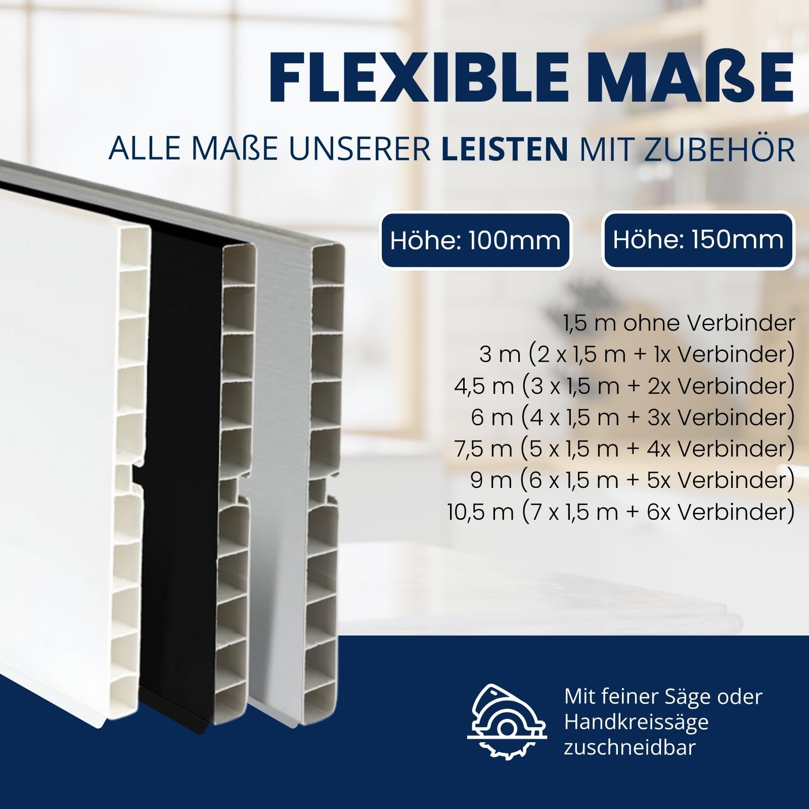 TJ Sockelleiste Küche 100 x 13 mm Weiß Hochglanz / 9,0 m Küchen Sockelblende aus hochwertigem PVC/Küchensockel als Abschlussleiste für Küchenschränke inkl. Dichtlippe