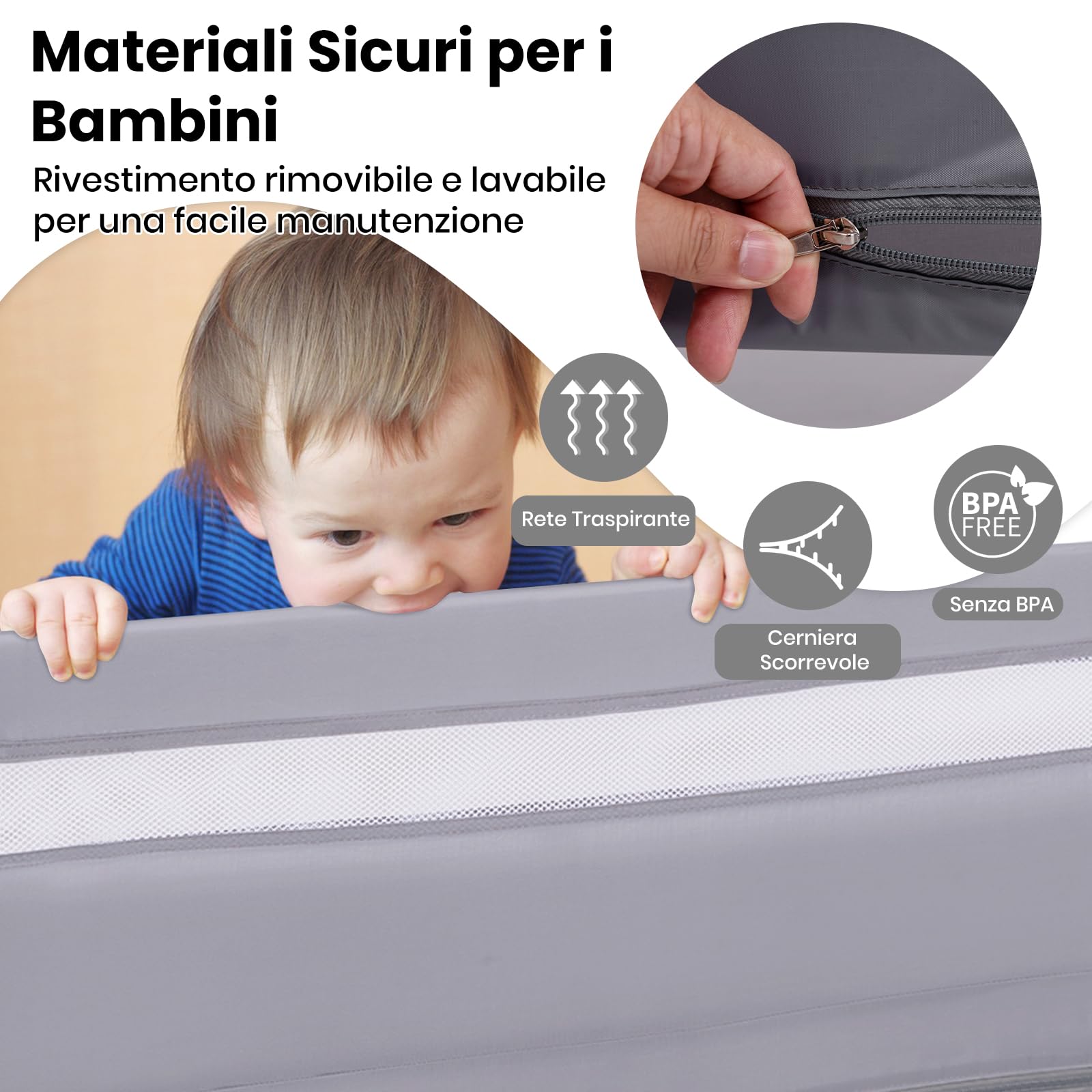 COSTWAY Sponda da Letto per Bambini 100/120 cm, Barriera Pieghevole per Letto, con Cintura di Sicurezza, Sponda di Sicurezza per Bambini, per Letti Singoli, Doppi, 100/120 x 41 x 42 cm (120 cm,Grigio)