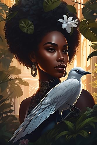 Noche Pintura de diamante 5D para adultos, kit de pintura de diamante de pájaro y doncella, afroamericano adecuado para principiantes y hecho a