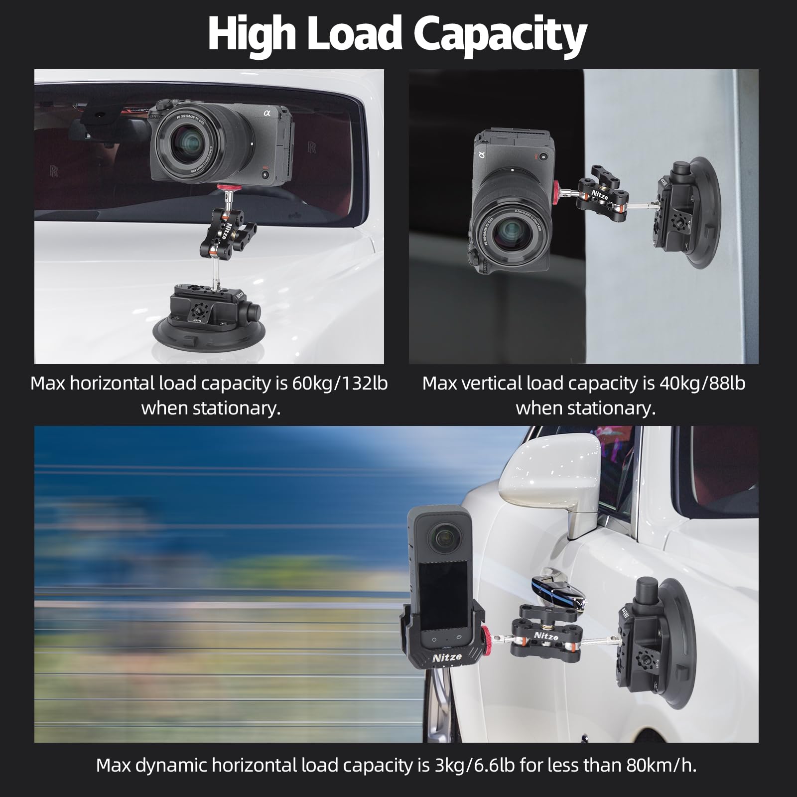 Nitze Support Ventouse pour Caméra 4.5", Support Ventouse pour Caméra de Voiture avec Plusieurs Points de Montage sur Fenêtre de Voiture, Pare-Brise pour DJI OSMO, GoPro Hero, Nikon, Sony - N48-A45