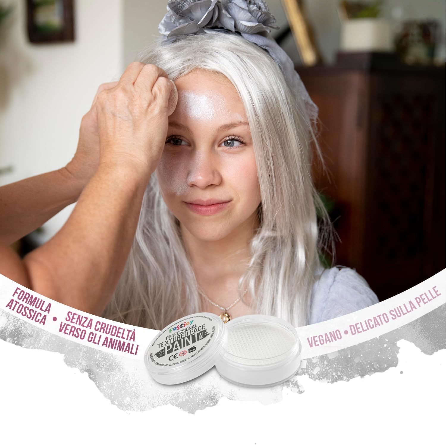 Festicy Premium Pittura per viso I 20g colori per il viso e corpo ed una spugna I face paint trucchi da viso per travestimenti, per Carnevale e Halloween, truccabimbi per bambini ed adulti (Bianco)