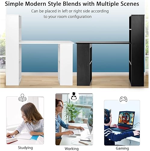 Miniatura 8 de IFANNY - Escritorio negro para computadora con estantería, moderno escritorio de oficina en casa con estantes de almacenamiento y soporte de CPU,