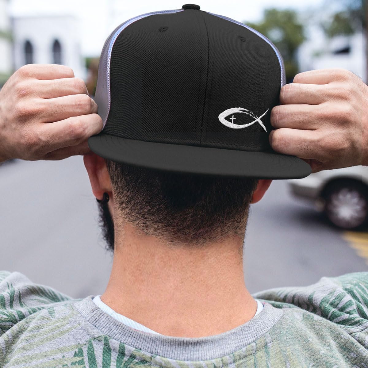 Our True God Jesus Fish Ichthys Christian Trucker Hat - Cotton Snapback Hat - Breathable Mesh Side for Casual Wear