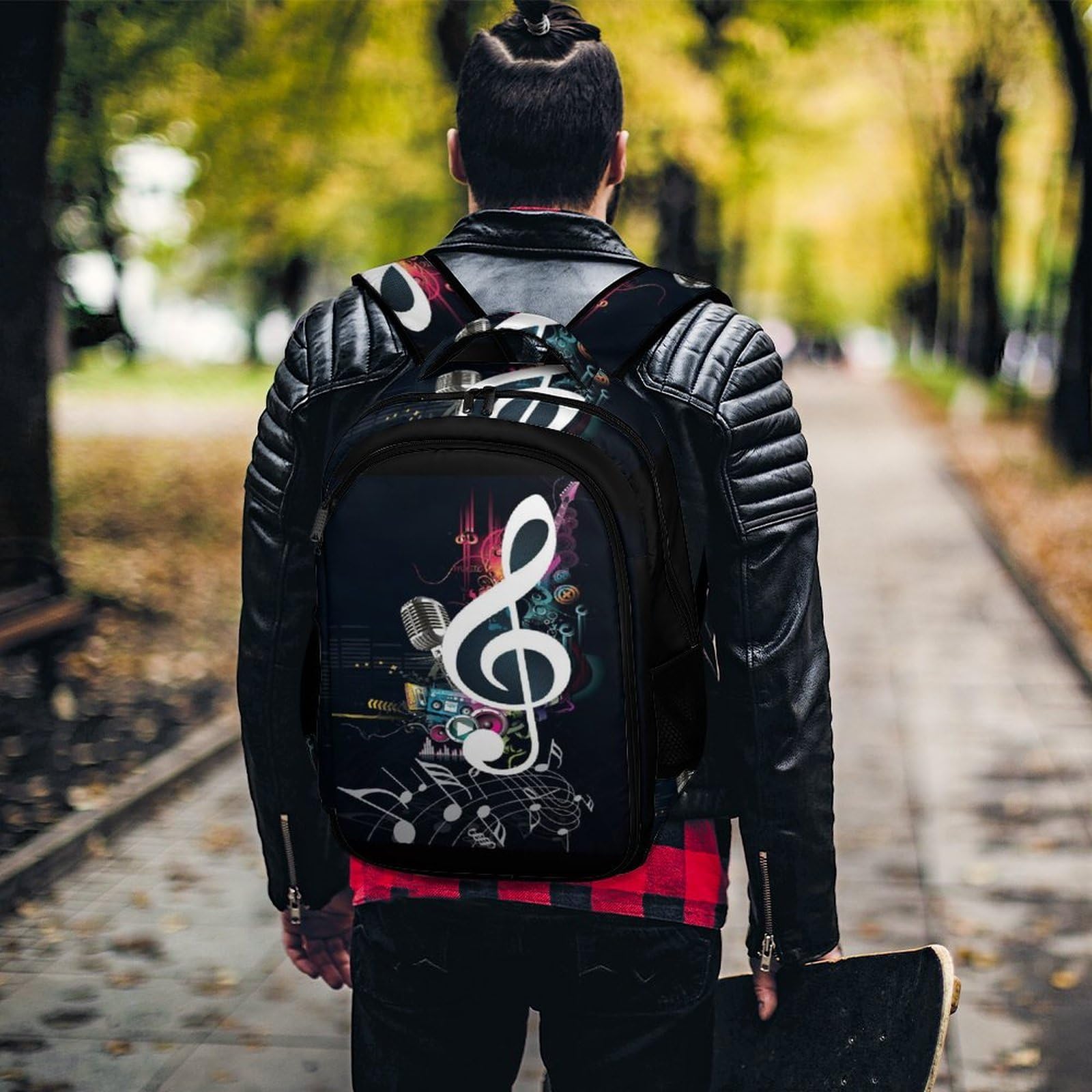 Tagesrucksack, brauner Rindsleder, Rucksack mit Taschen für Wandern, Camping, Reisen, Musiknoten, One Size