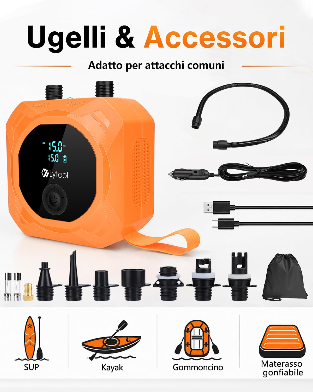 Lytool Pompa SUP Elettrica 50 PSI Alta Pressione,Gonfiatore Paddle 12V DC,Gonfiaggio e Sgonfiaggio Automatico a 3 Stadi,Arresto Automatico,Cavo Accendisigari 3M per Kayak,Materasso,Bici, Moto, Auto