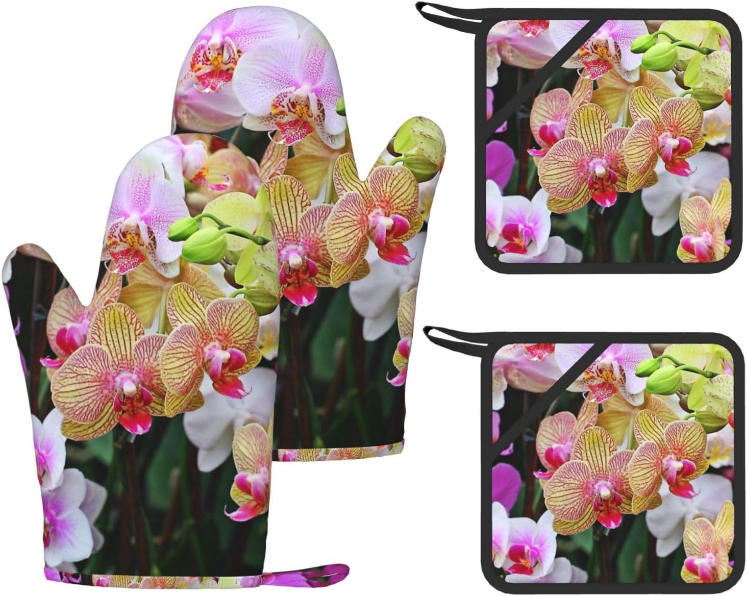 Orchids Oven Mitts and Pot Holders Set of 4 Heat Resistant Kitchen Gloves with Silicone Palm Hot Pads for Baking Cooking Grilling BBQ