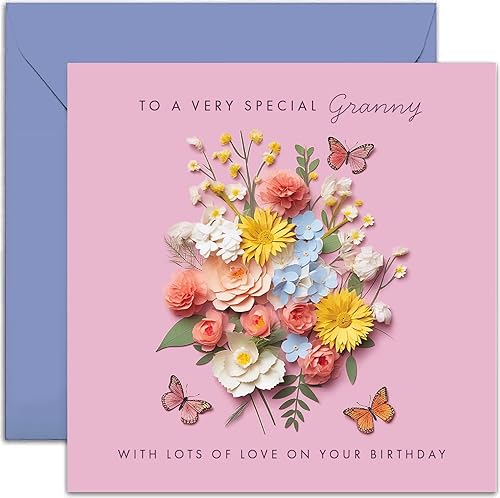 Old English Co. - Tarjeta de cumpleaños especial de abuela para ella, tarjeta de cumpleaños con diseño de mariposas y flores rosas para abuelita de