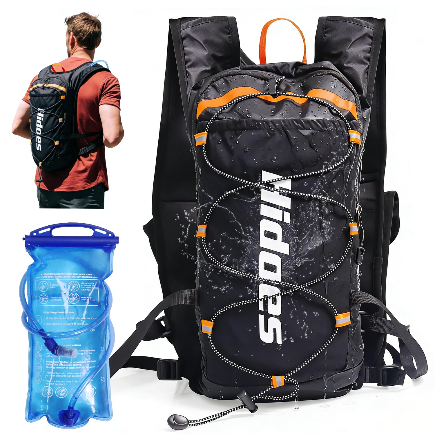 Leichter Trinkrucksack mit 2 l Trinkblase & Kompass & Pfeife