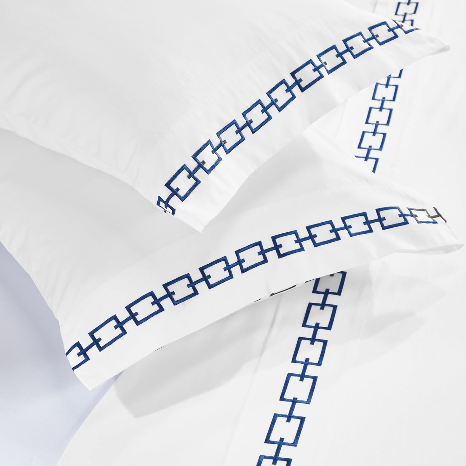 Superior Embroidered Cotton Bed Sheet Set, 1 Elastic Deep Pocket Fitted Sheet, 1 Flat Sheet, 1 Pillowcase, Daily Soft Sheets, Luxury, Unique Design, Chain Links Collection, Twin Size, White/Navy Blue