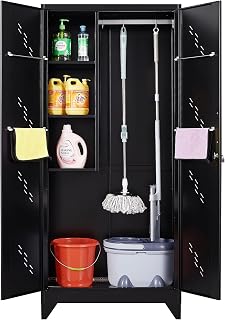 Metal Storage Cabinet with Lockable Doors, 75" Steel Storage Locker Cleaning Tool Cabinet with Hanging Rod & S-Hooks, Tall Garage Storage Cabinet, Black, 75" H x 33.85" W x 16.53" D