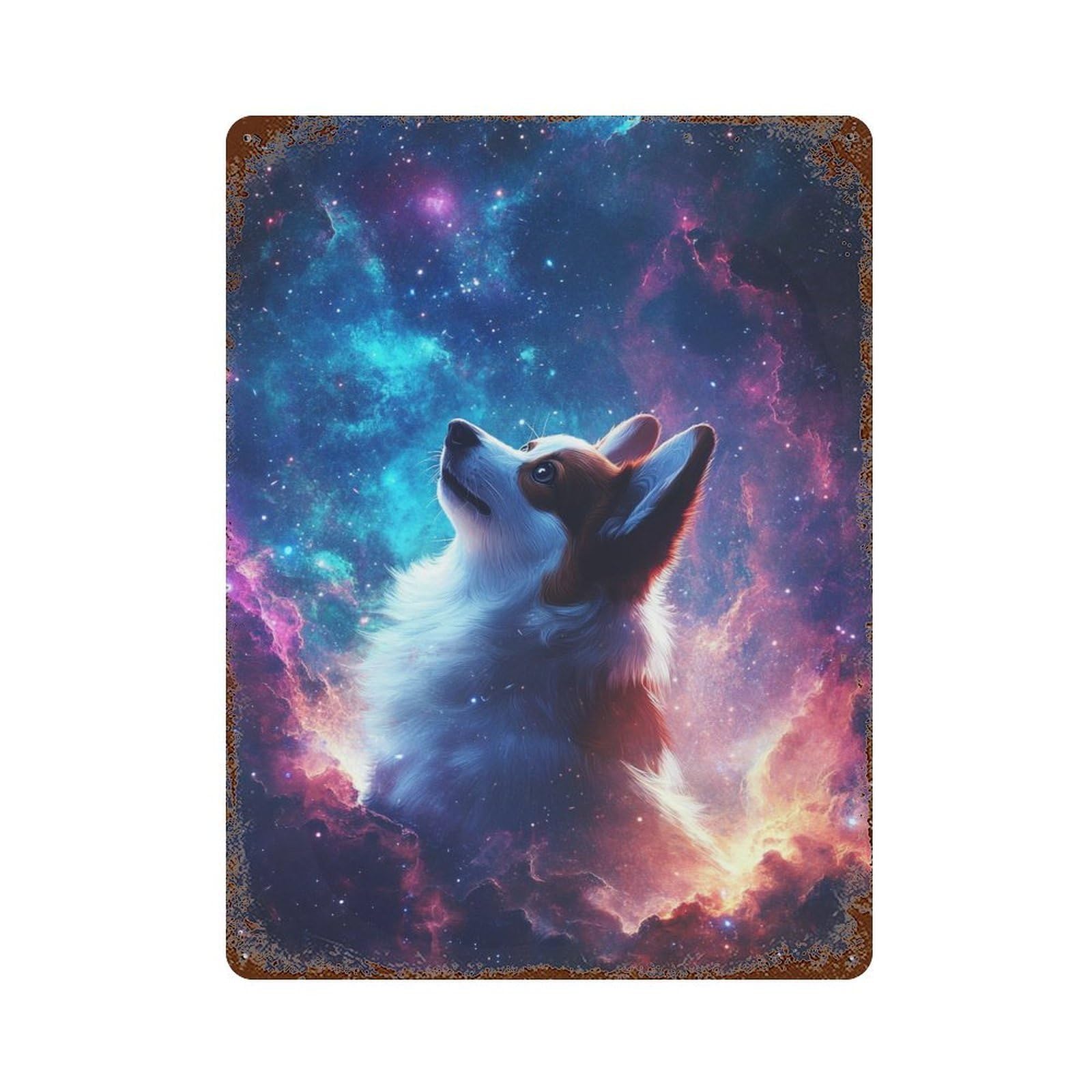 Cosmic Corgi Wallpaper Rustic Tin Plaque 15.7"x11.8", Ideal for Shed, Workshop And Garage Wall Decor