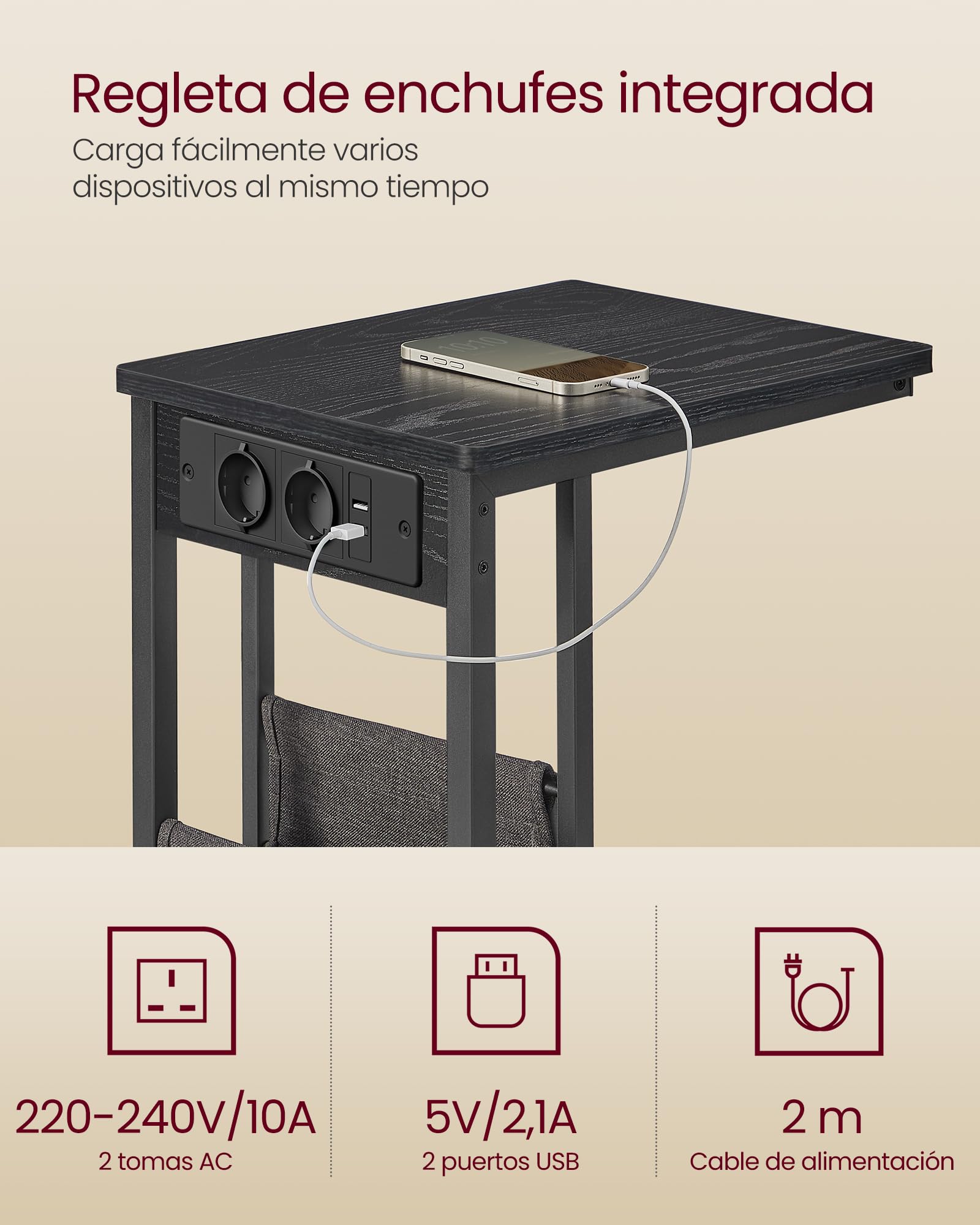 VASAGLE LET356B02V1 - Mesa Auxiliar con múltiples enchufes, Punta de sofá en Forma de C, para Espacios pequeños, 2 Puertos USB y enchufes, Bolsa, Patas Ajustables, para Dormitorio, Sala de Estar